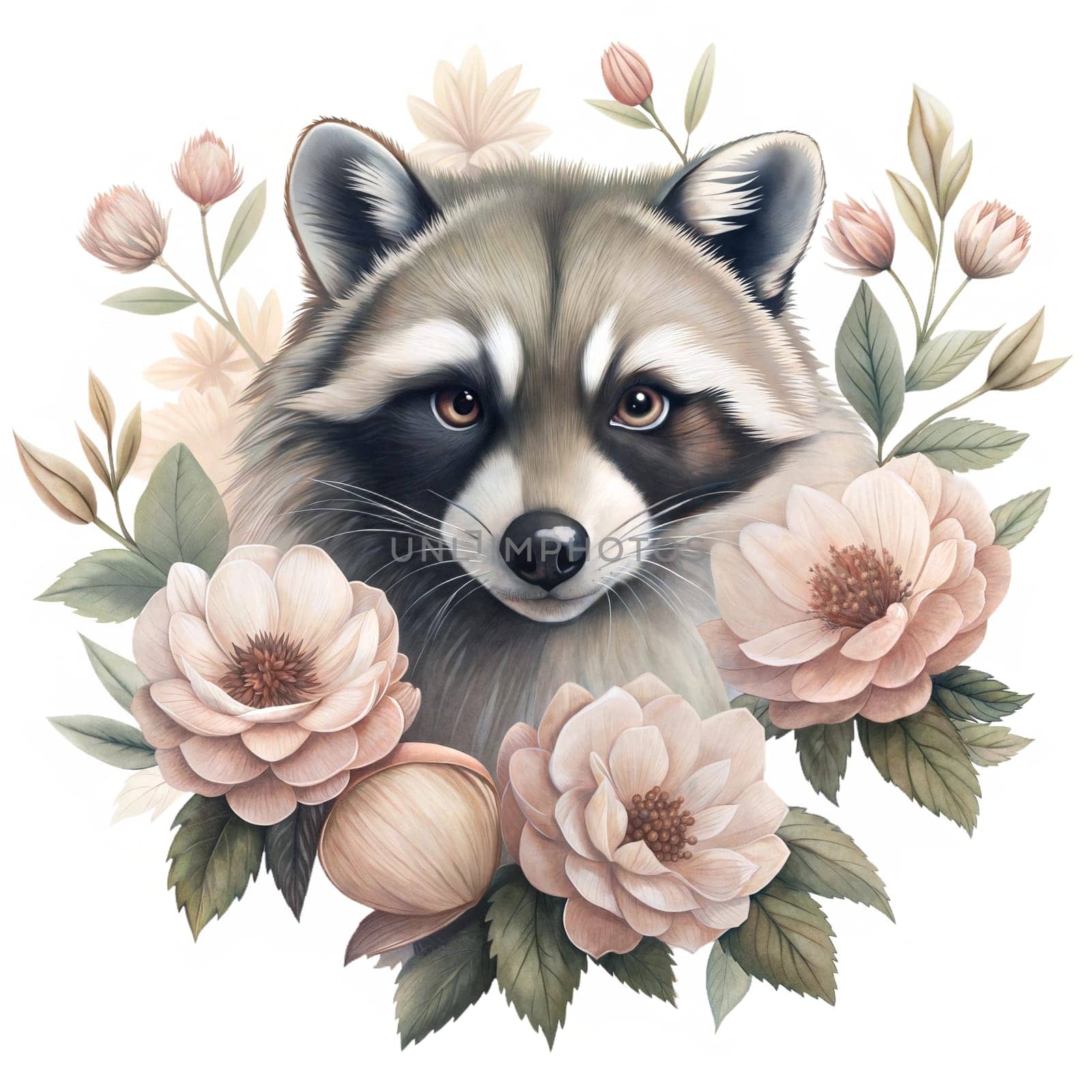 Raccoon among flowers isolated on white background. Forest animal illustration. Watercolor animals isolated on white background. Sticker. Ai generated image