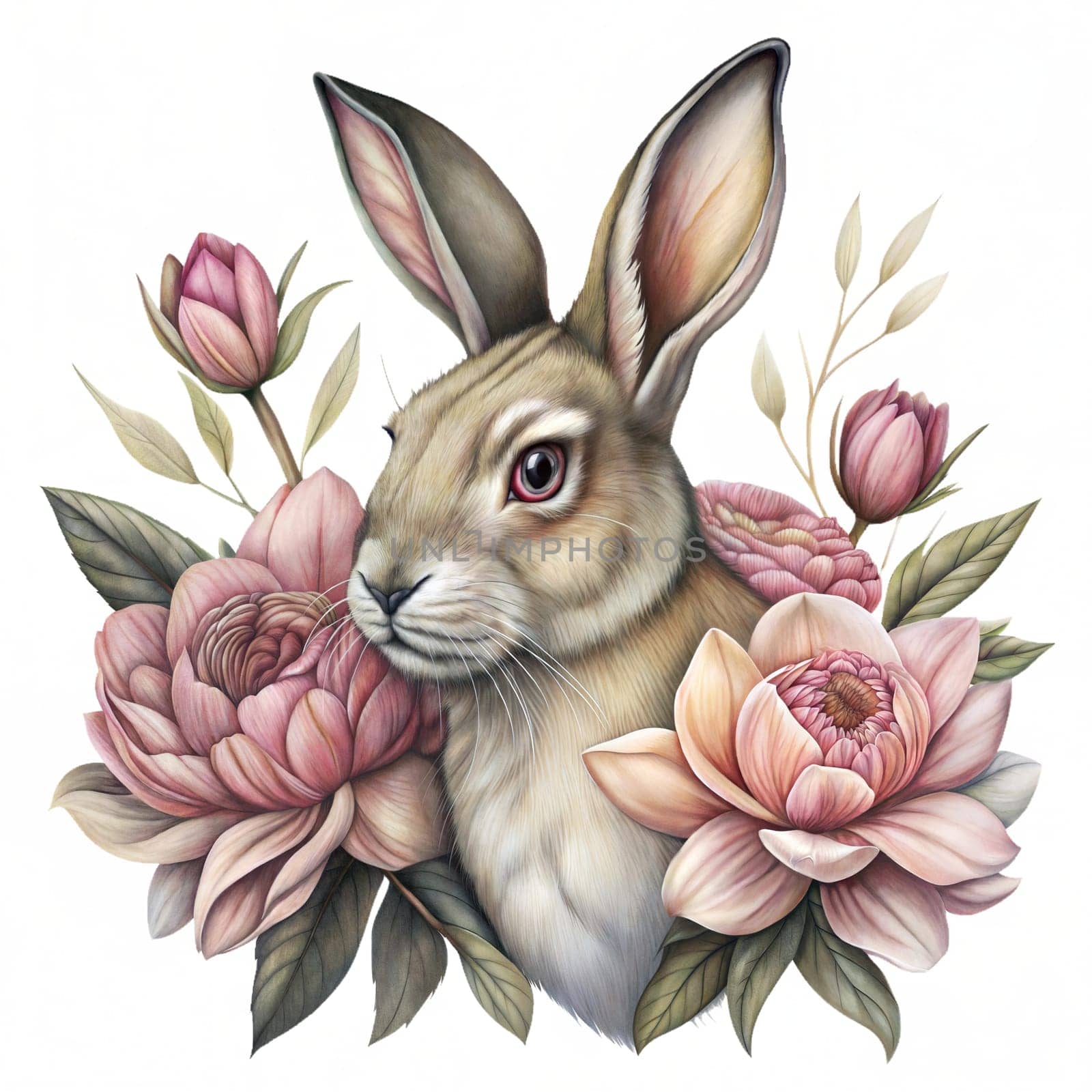 Hare among flowers isolated on white background. Forest animal illustration. Watercolor animals isolated on white background. Sticker. Ai generated image