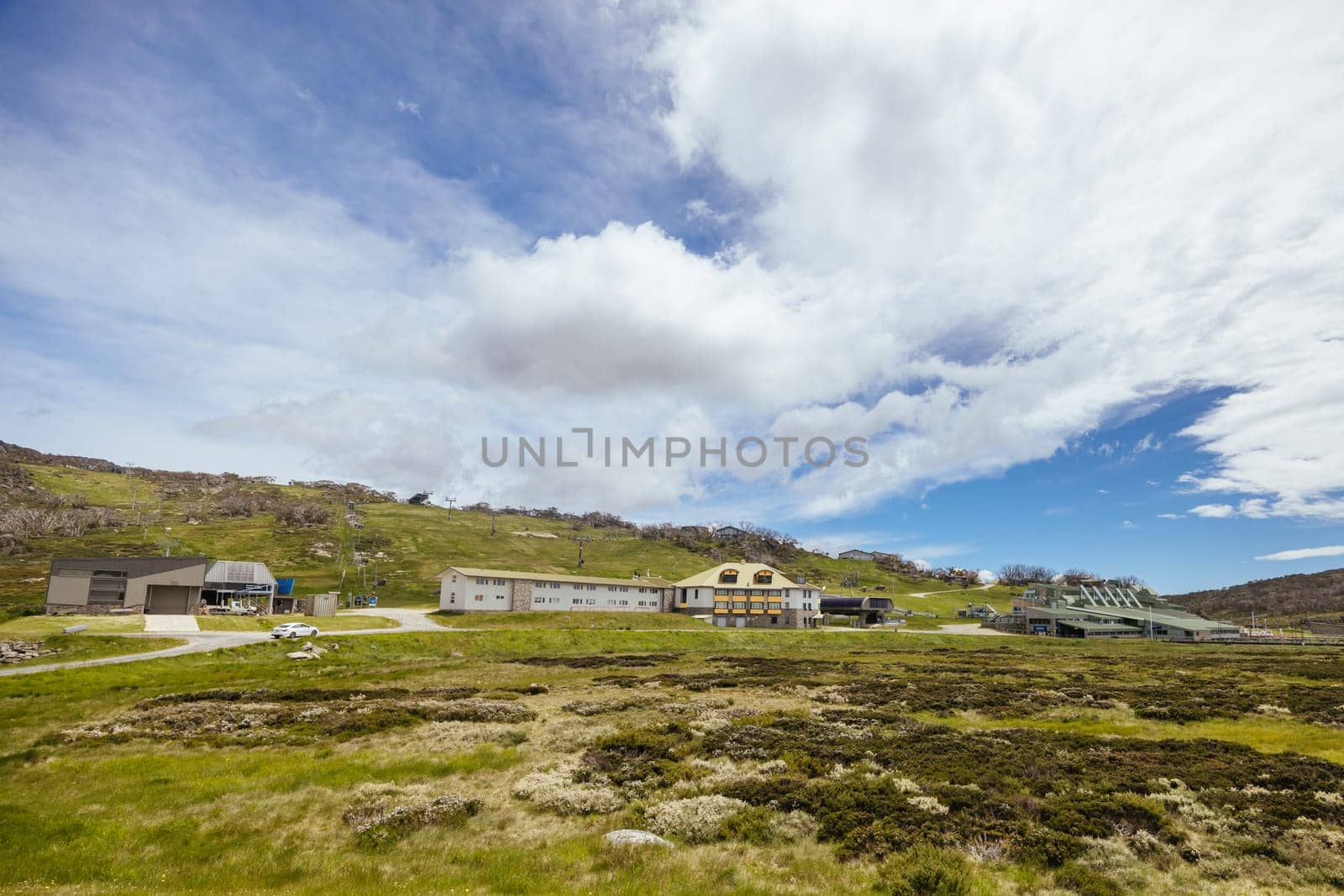 Perisher village views in summer in Kosciuszko National Park, Snowy Mountains, New South Wales, Australia