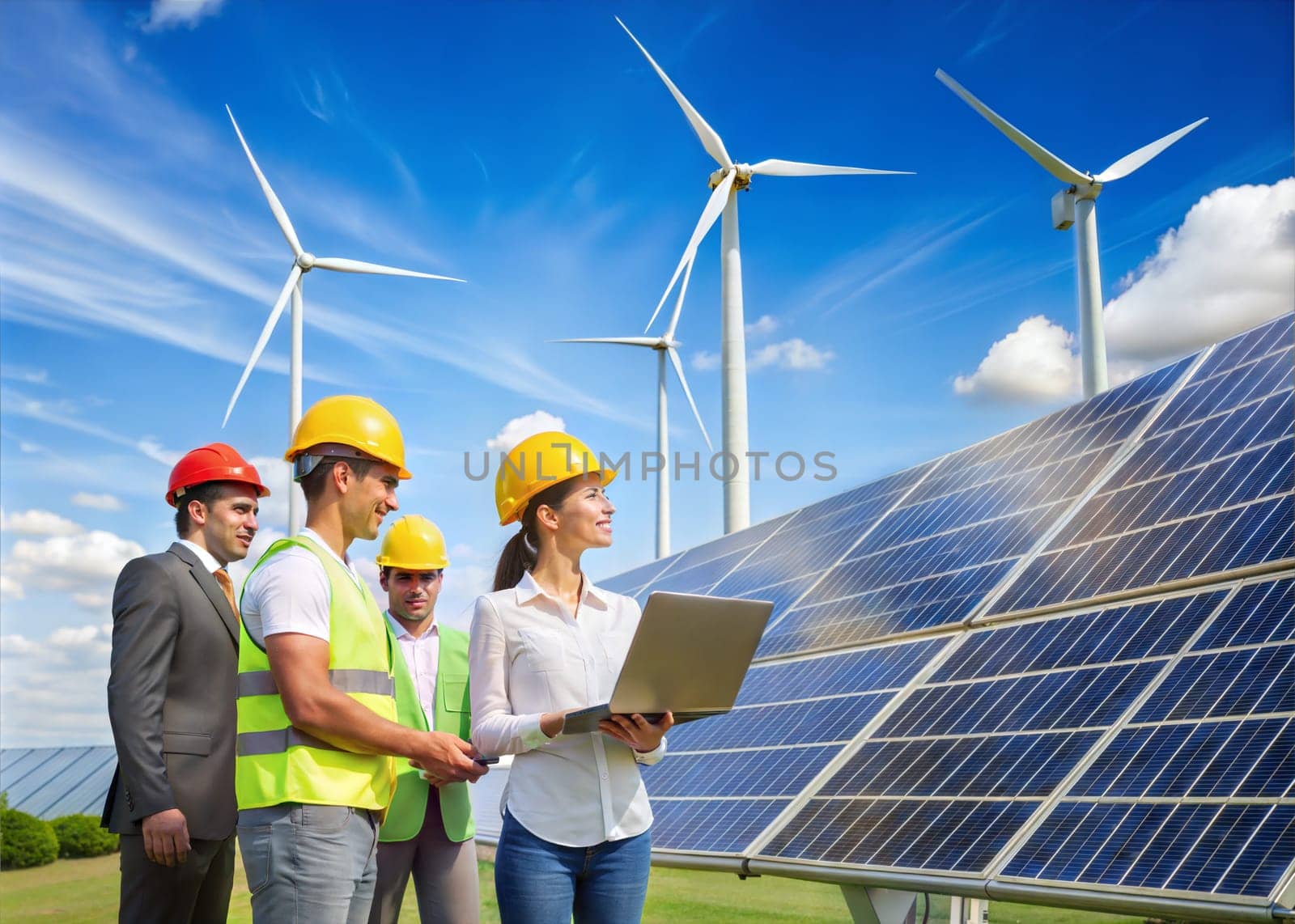 The solar farm(solar panel) and wind turbins with engineers check the operation of the system, Alternative energy to conserve the world's energy, Concept of clean energy production. Al generated image