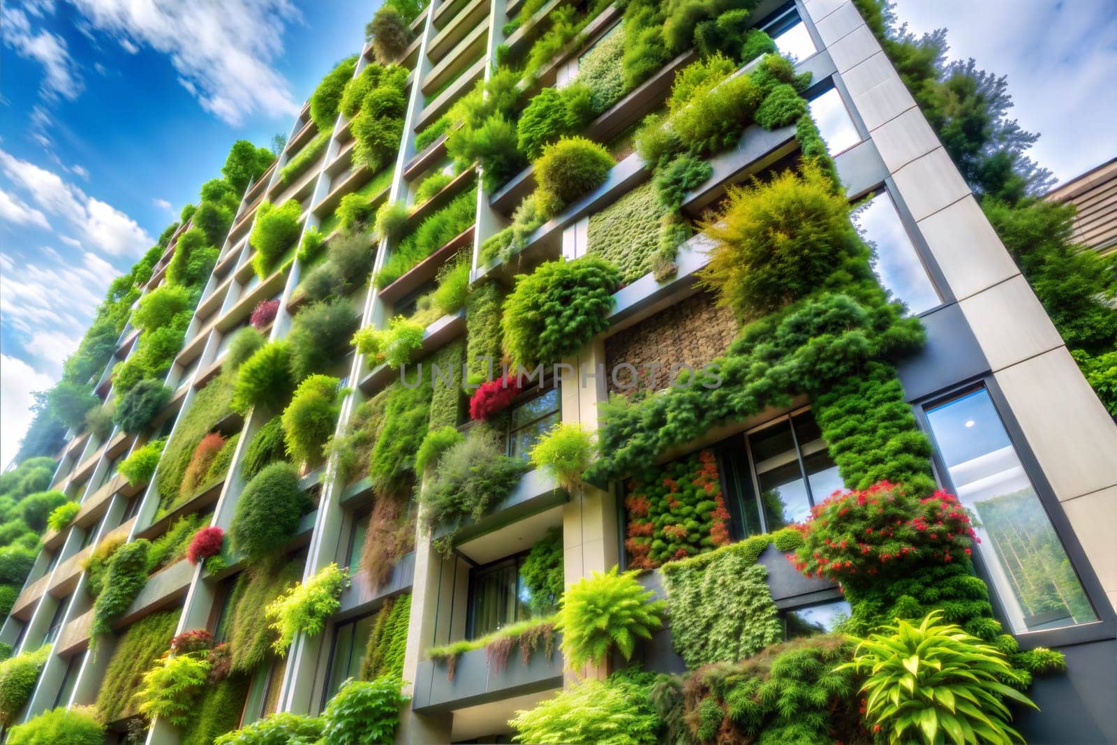 Green facade, vertical garden in architecture. Ecological building with green walls. Green architecture. Ai generated image