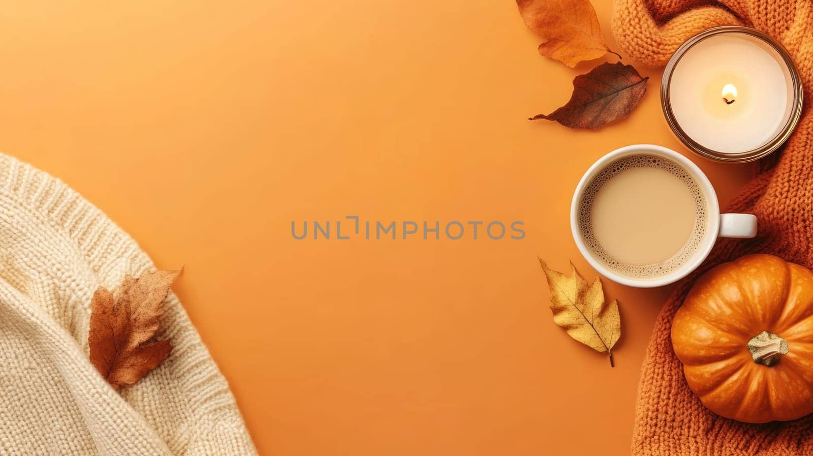 A cup of steaming coffee sits beside a lit candle, surrounded by a pumpkin and autumn leaves atop a soft knit scarf against an orange backdrop.