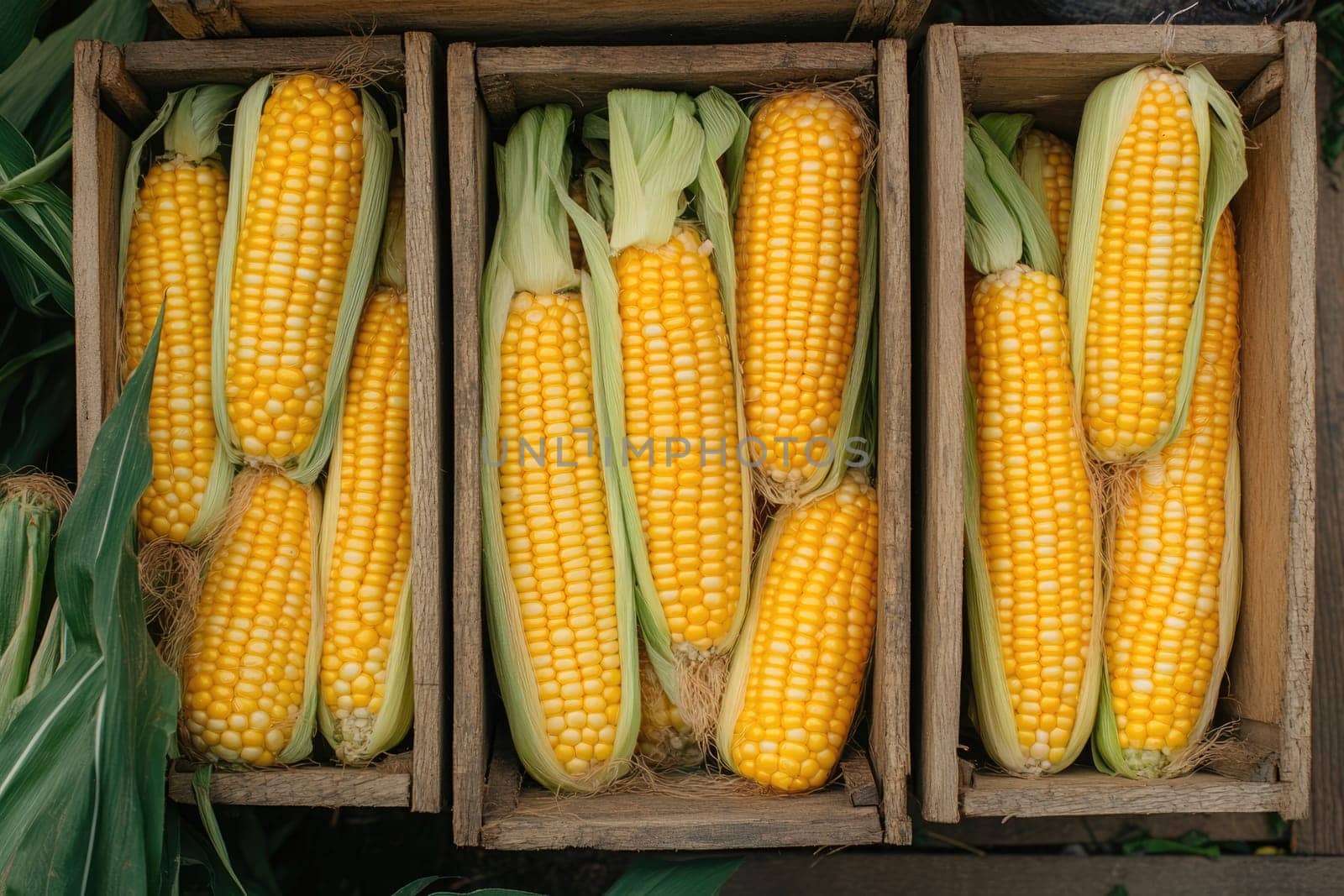 A wooden crate filled with fresh sweet corn, displaying bright yellow kernels nestled within their green husks. The natural wood backdrop adds rustic charm.
