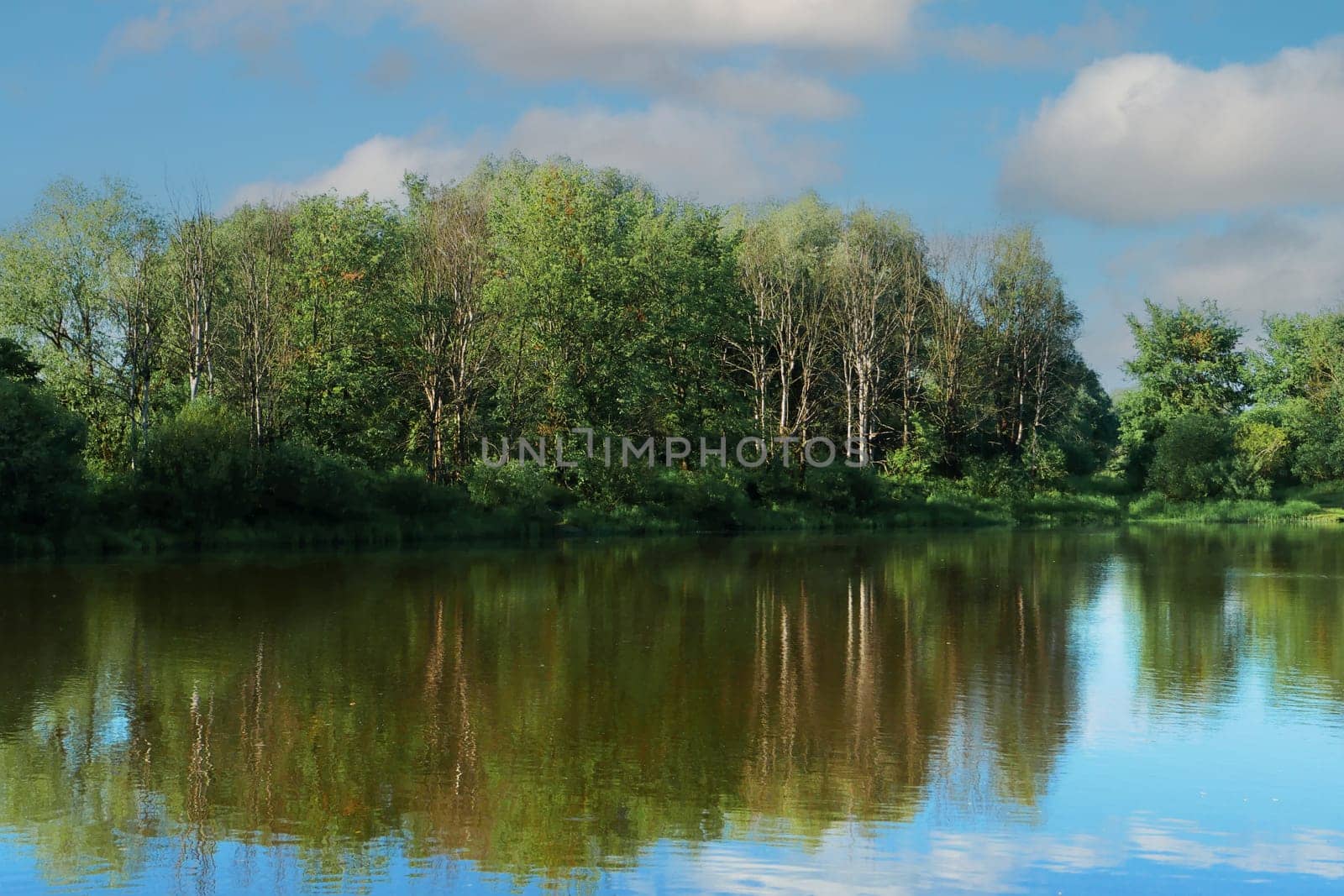 summer landscape with river and blue sky with clouds, nature series