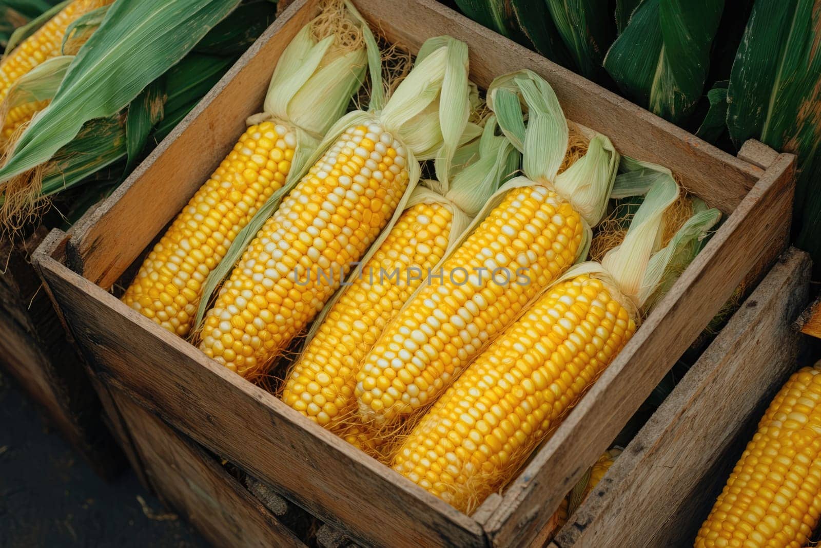 A wooden crate filled with fresh sweet corn, displaying bright yellow kernels nestled within their green husks. The natural wood backdrop adds rustic charm.