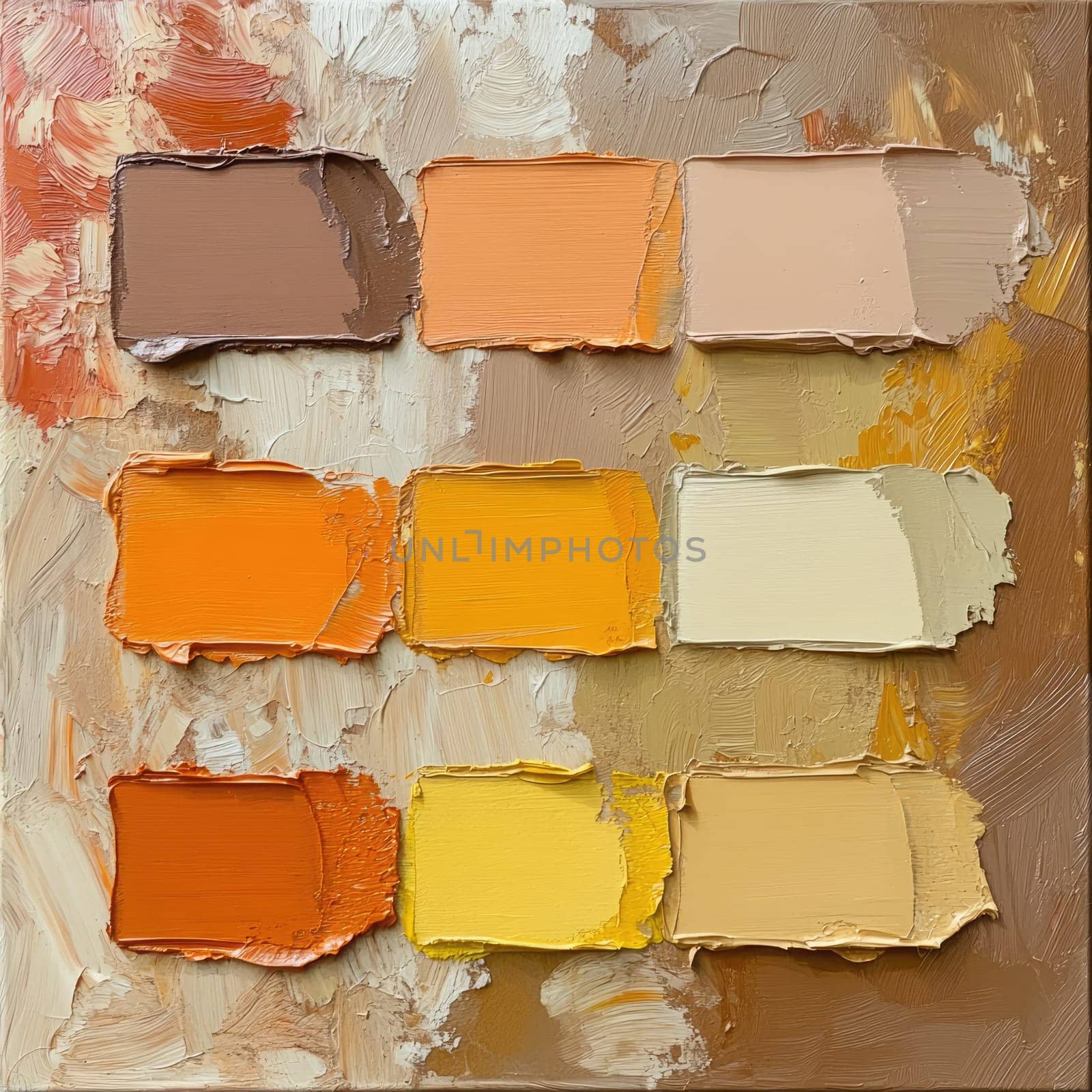 A variety of paint swatches in shades of orange and beige are arranged on a textured surface, highlighting the rich colors and artistic possibilities suitable for any creative project.