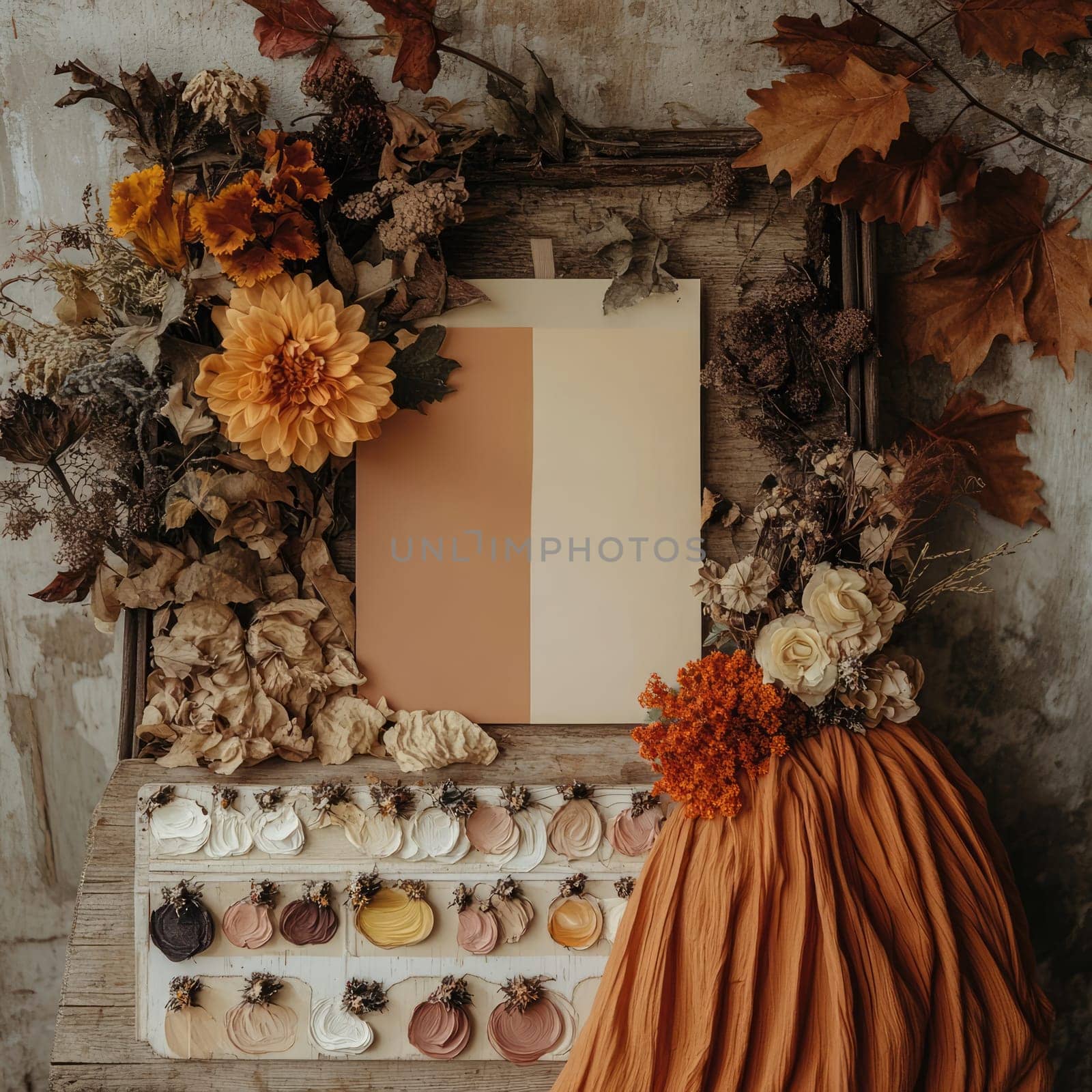 A branch adorned with colorful autumn leaves displays shades of orange, yellow, and red, capturing the essence of fall in a serene natural environment.