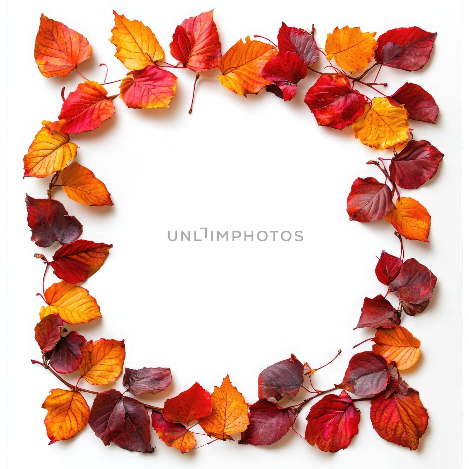 A circular arrangement features various orange and yellow autumn leaves intertwined with bright red berries, creating a festive fall decoration perfect for seasonal displays.