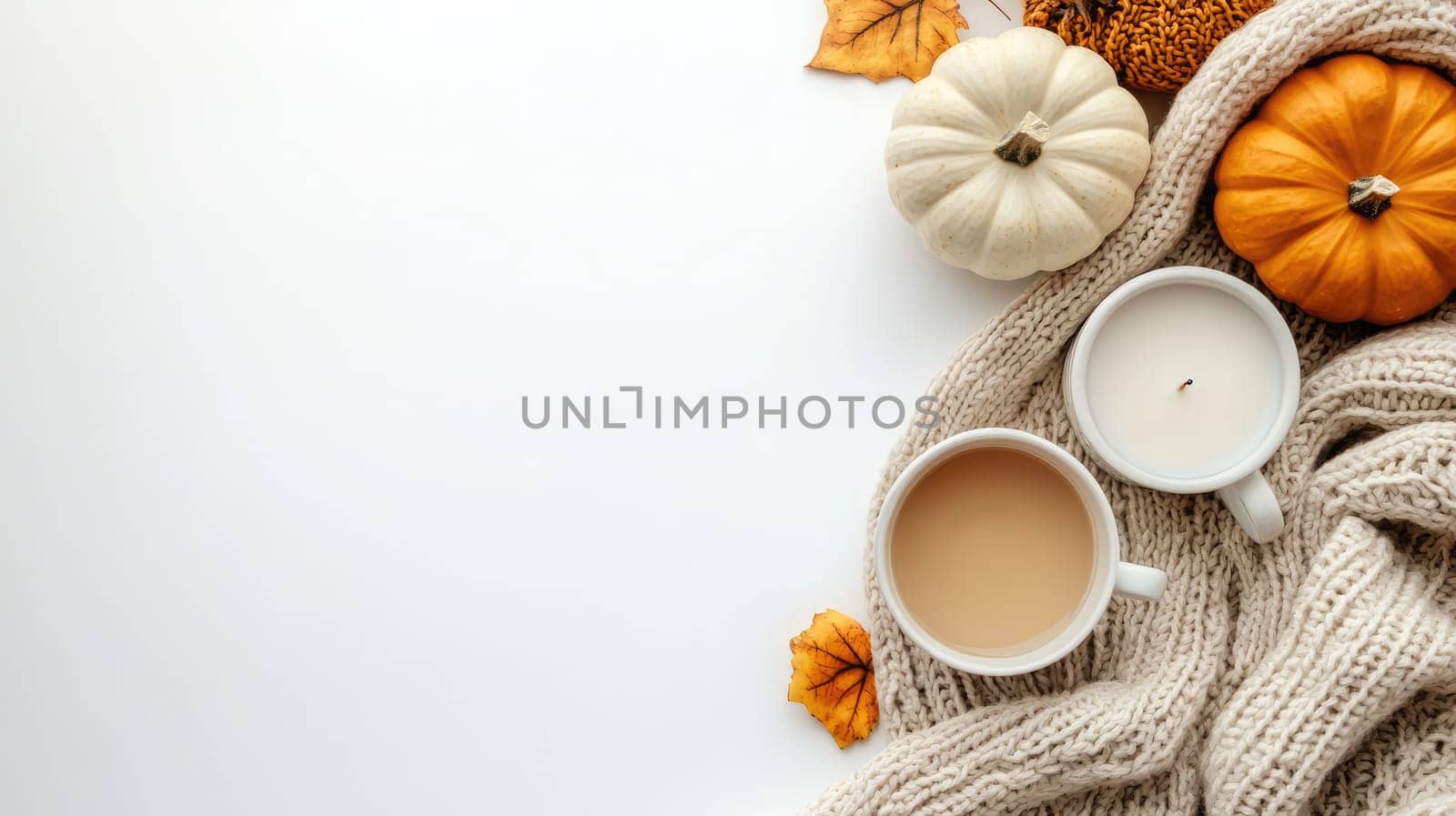 A warm beverage sits next to a knitted sweater, adorned with vibrant autumn leaves and red berries, creating a comforting seasonal atmosphere.