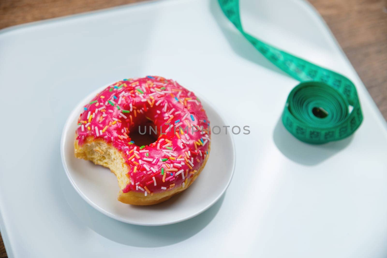 A bitten sweet donut and a measuring tape. Unhealthy eating and obesity concept.