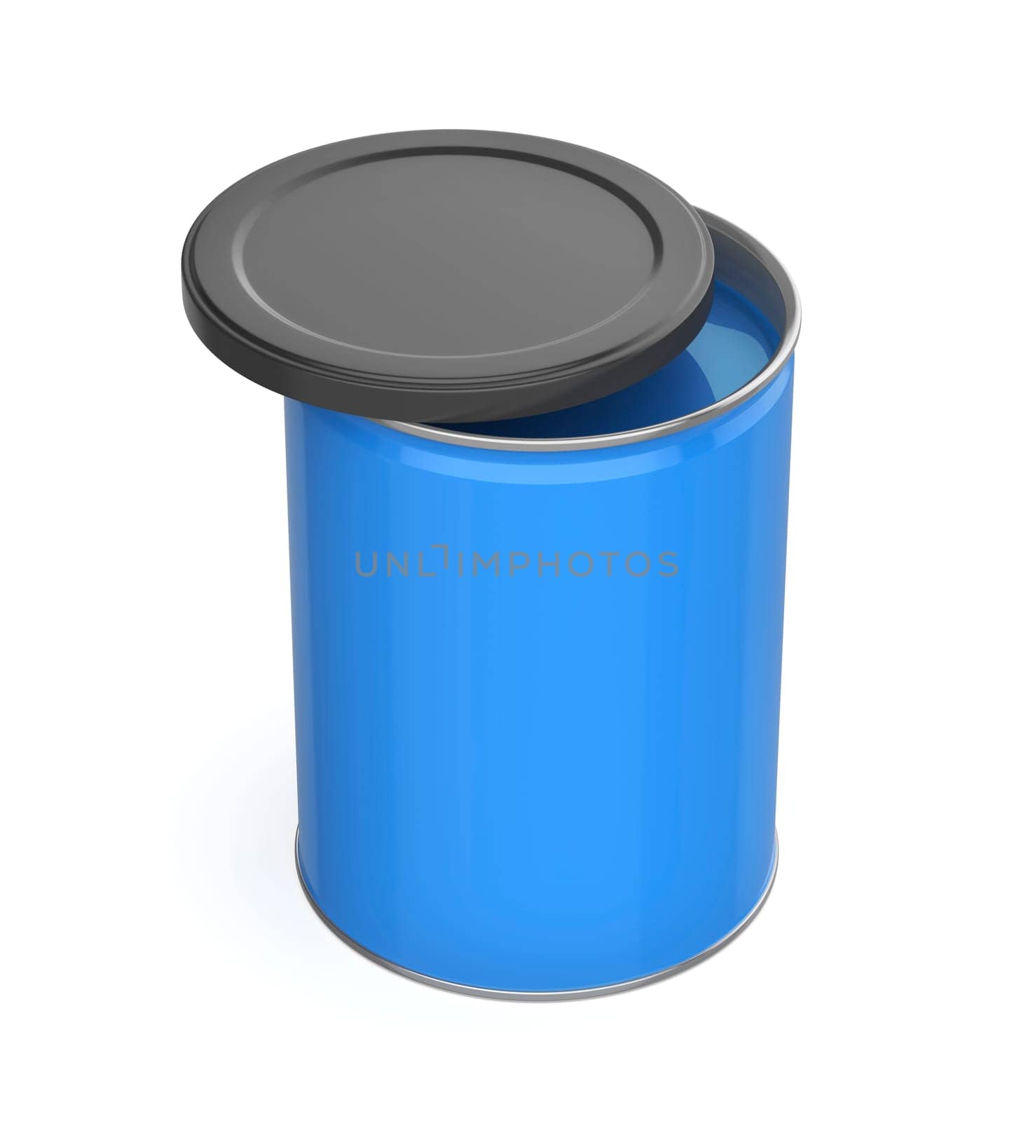 Metal can with blue paint on white background