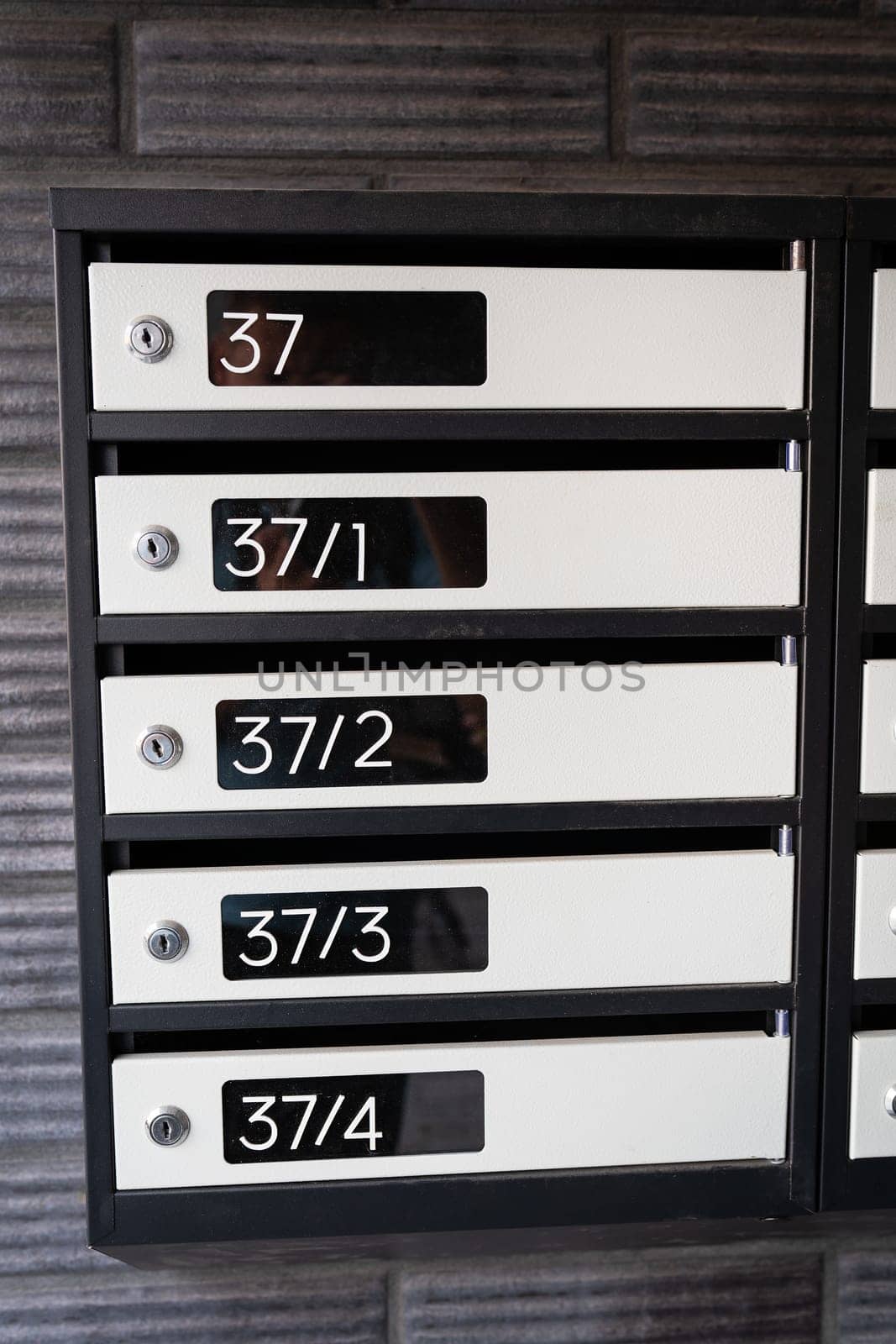 Metal mailboxes in a modern apartment building