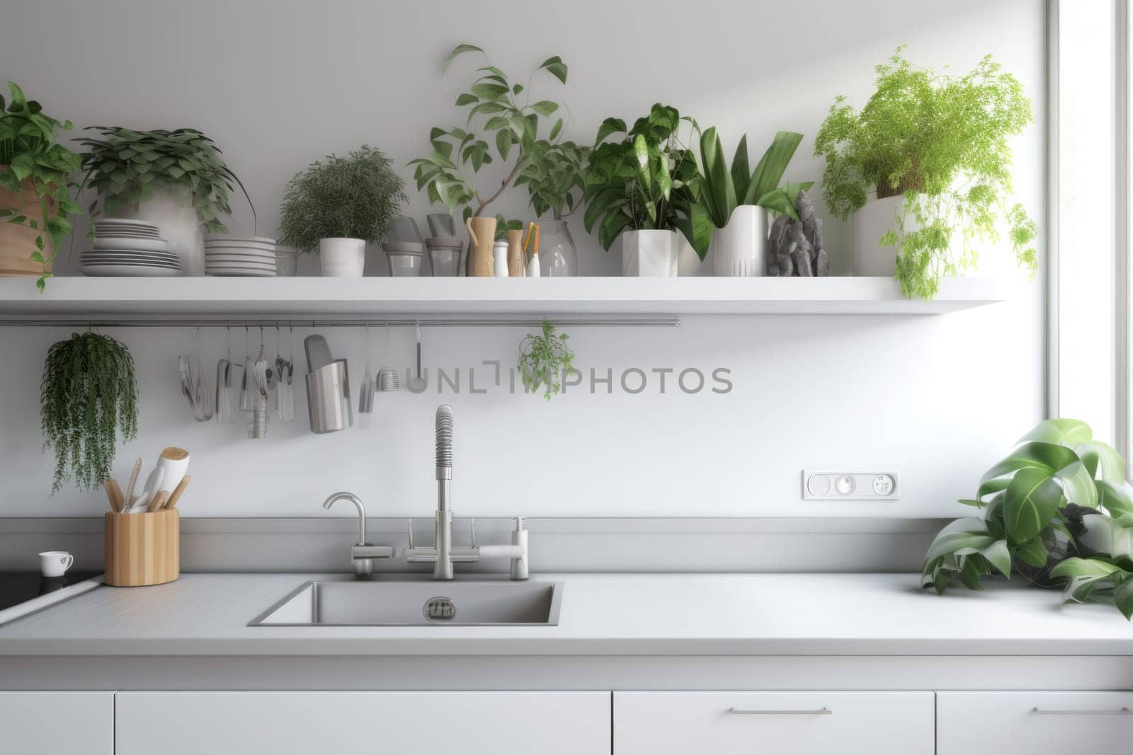 on white kitchen shelves stand green potted plants.