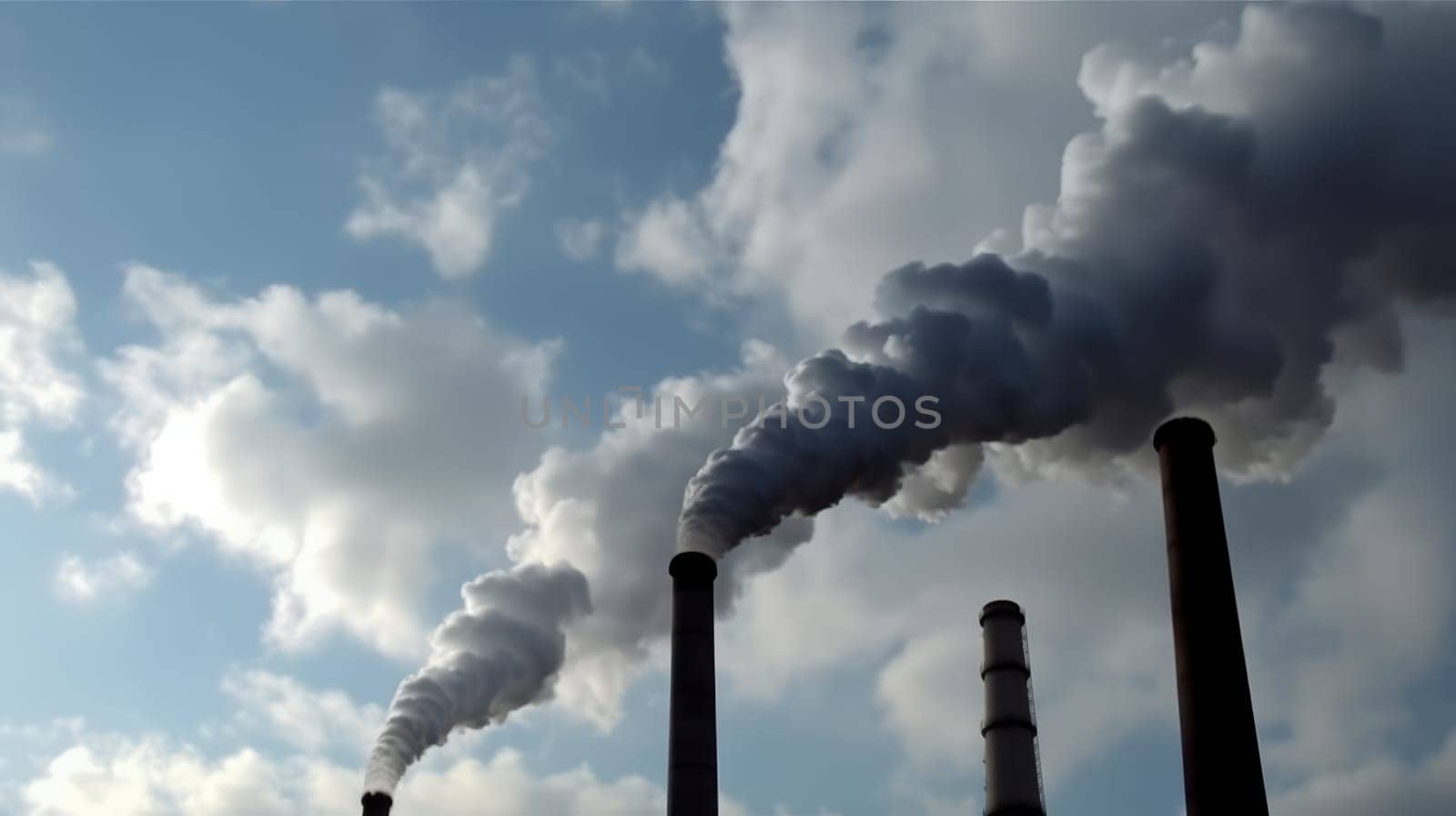 grey smoke from industrial chimneys in a blue cloudy sky.