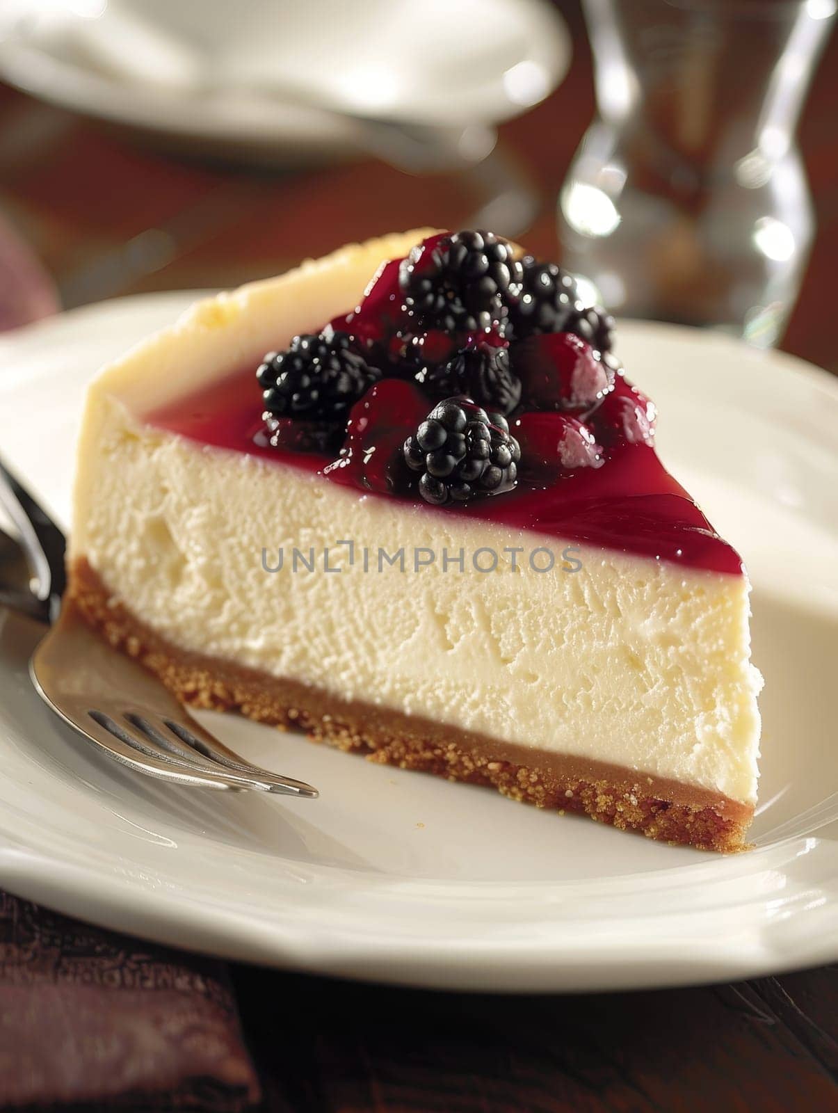 A slice of cheesecake with a thick graham cracker crust and a topping of fresh blackberries