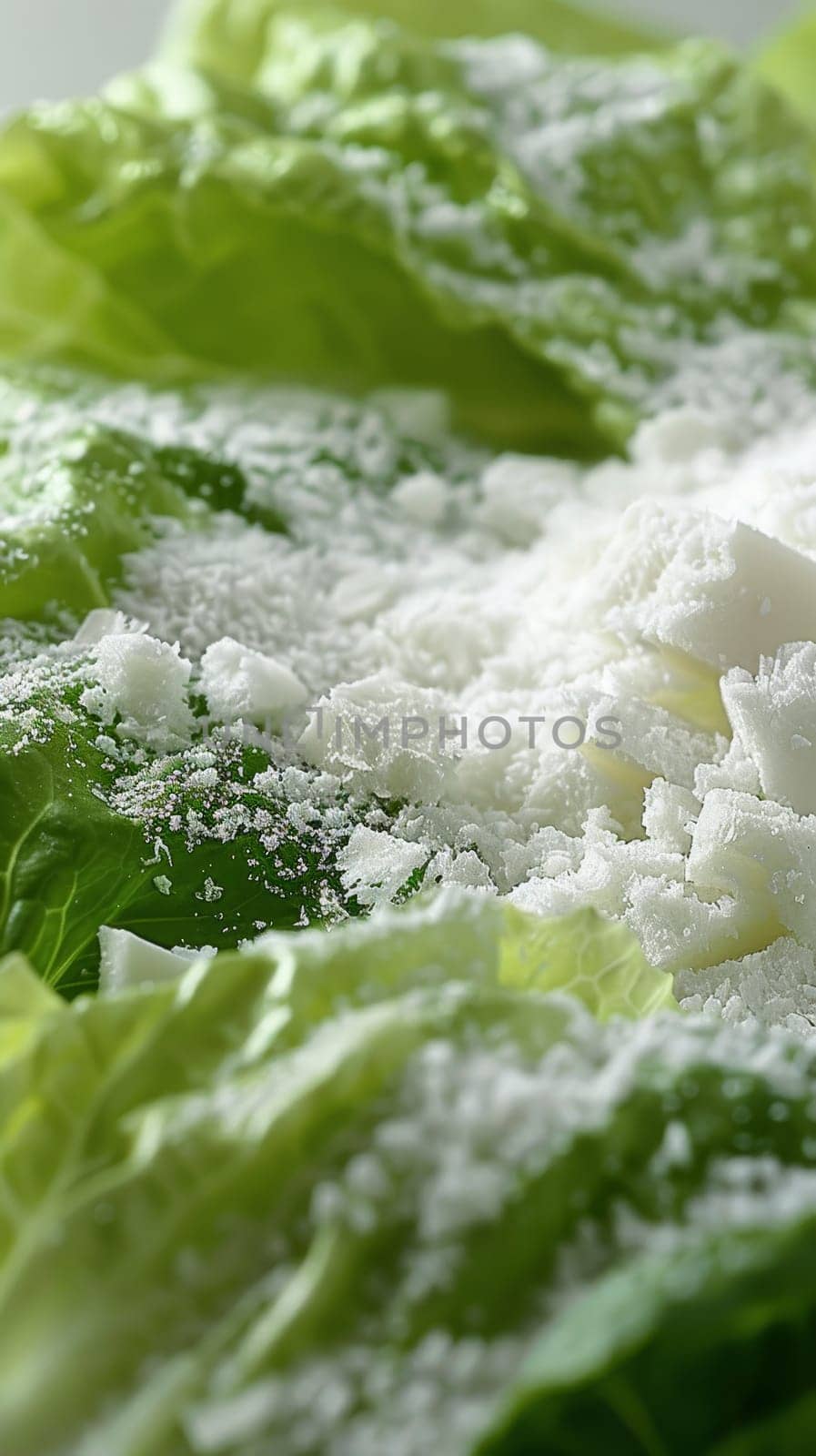 Close-up of fresh green lettuce leaves sprinkled with white grated cheese, highlighting texture and freshness