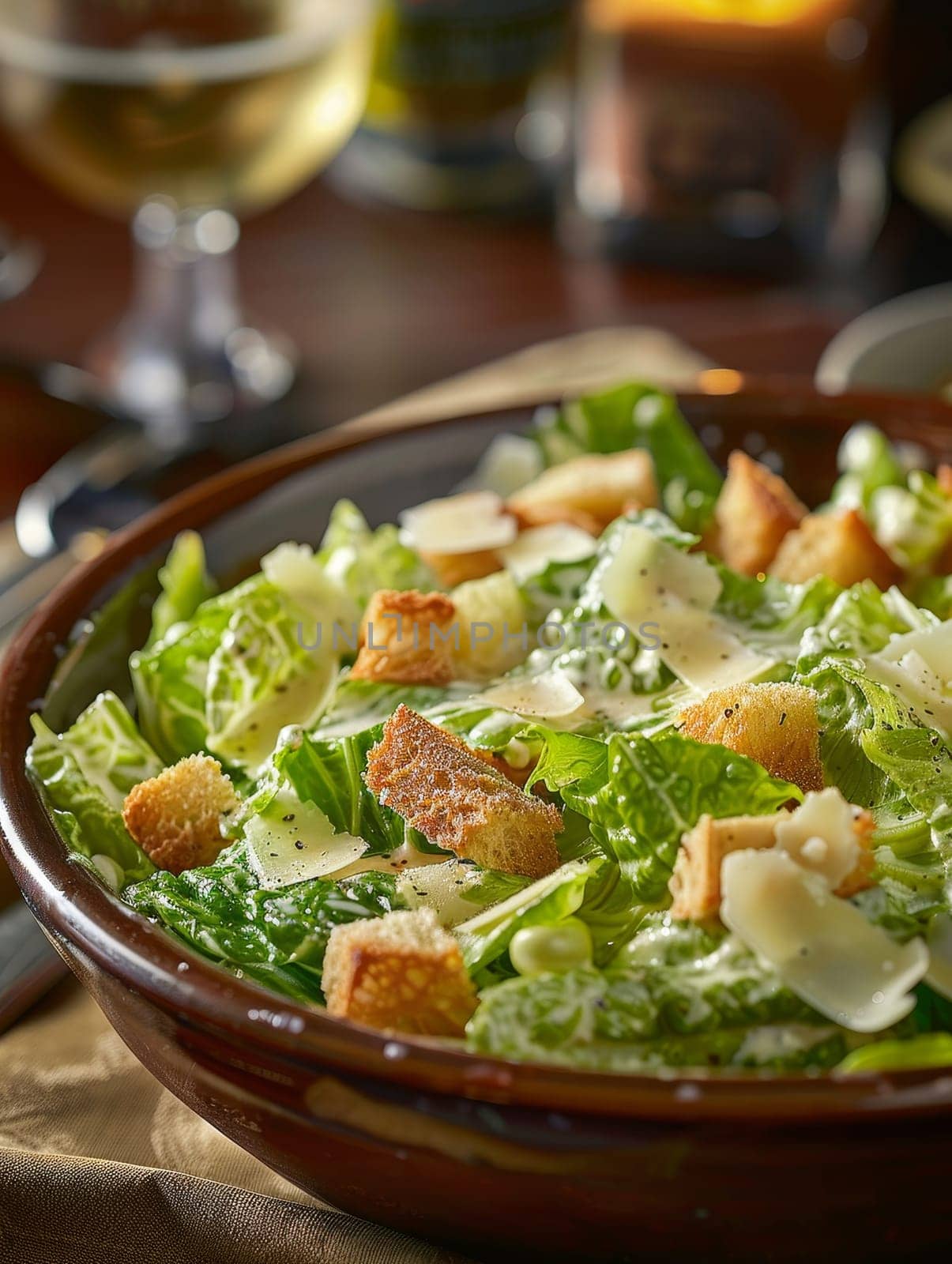 A close-up of a Caesar salad in a bowl. The salad contains romaine lettuce, croutons, and parmesan cheese