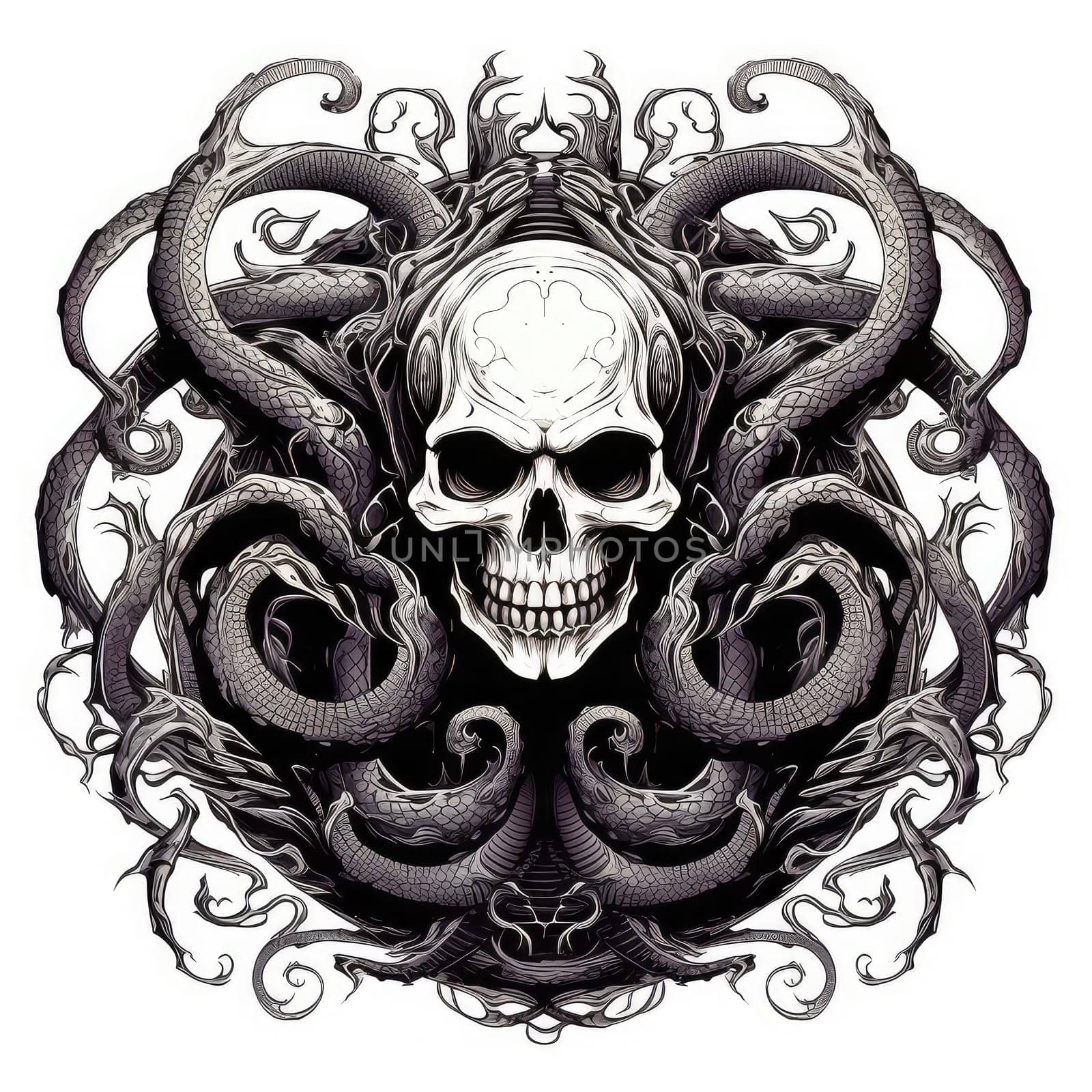 Skull on snake background. Decorative design element, template for sticker, poster, t-shirt, etc. 