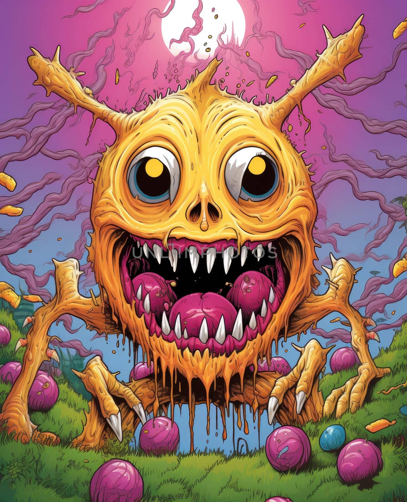 Cartoon monsters in pop art style. Template for t-shirt print, sticker, poster, etc.