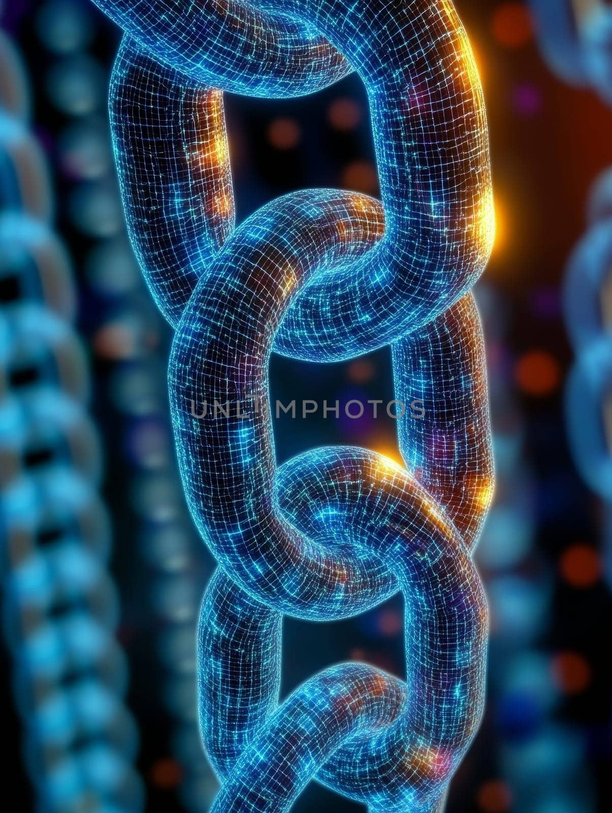 Abstract visualization of a glowing blue and orange digital blockchain, representing secure data connections and cryptocurrency technology.
