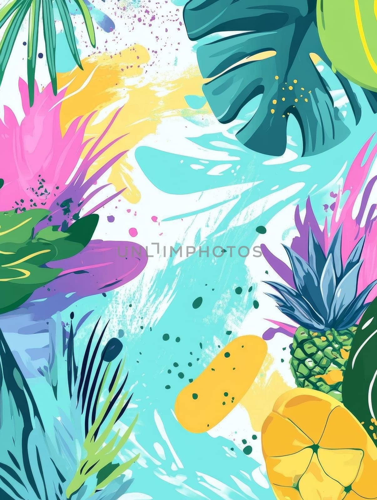 Vibrant abstract tropical art with colorful leaves, flowers, and fruits, creating a lively and energetic summer-themed illustration.