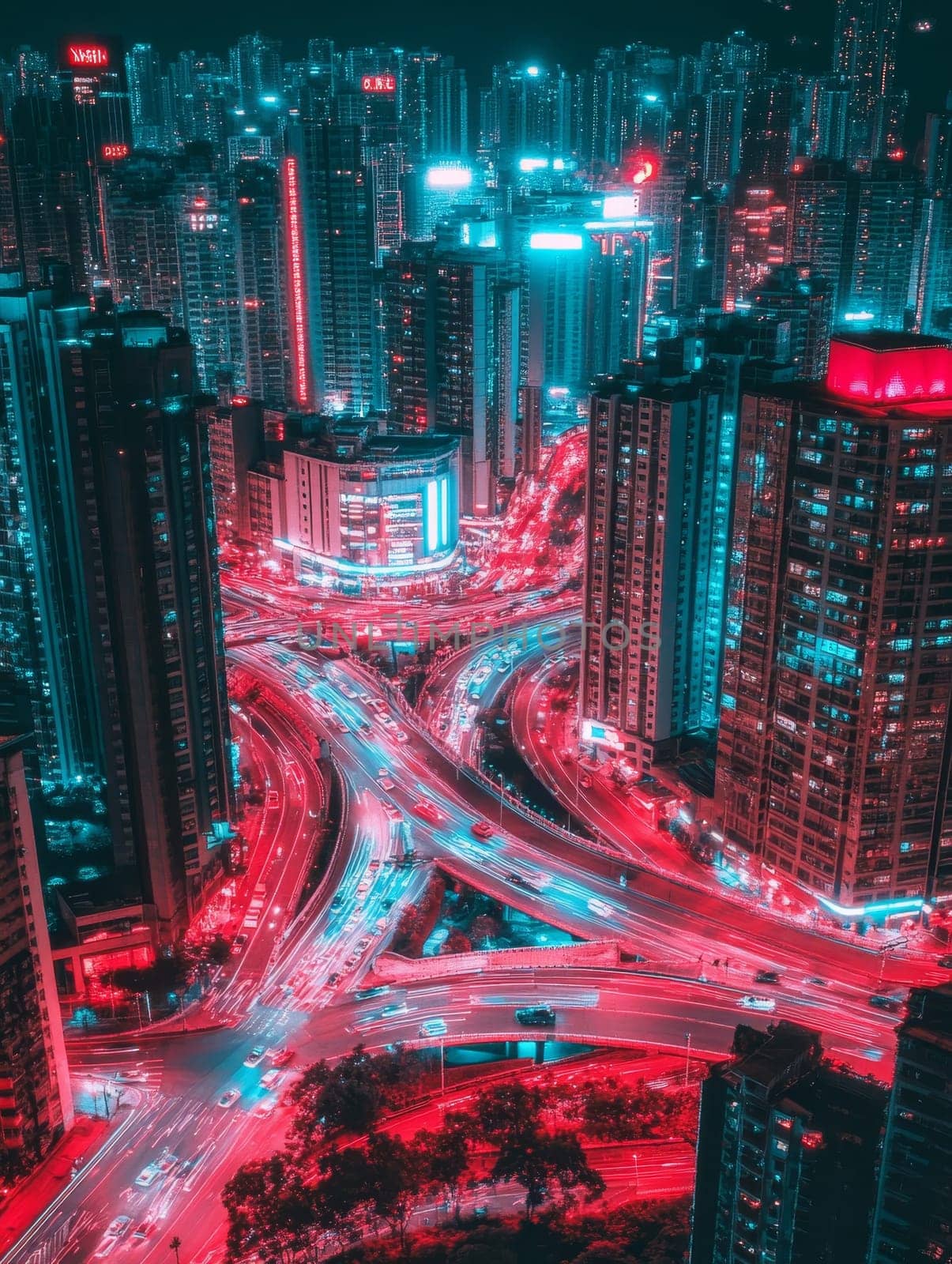 Aerial view of a futuristic cityscape at night with neon-lit skyscrapers and intricate highway interchanges, showcasing urban development and technology.