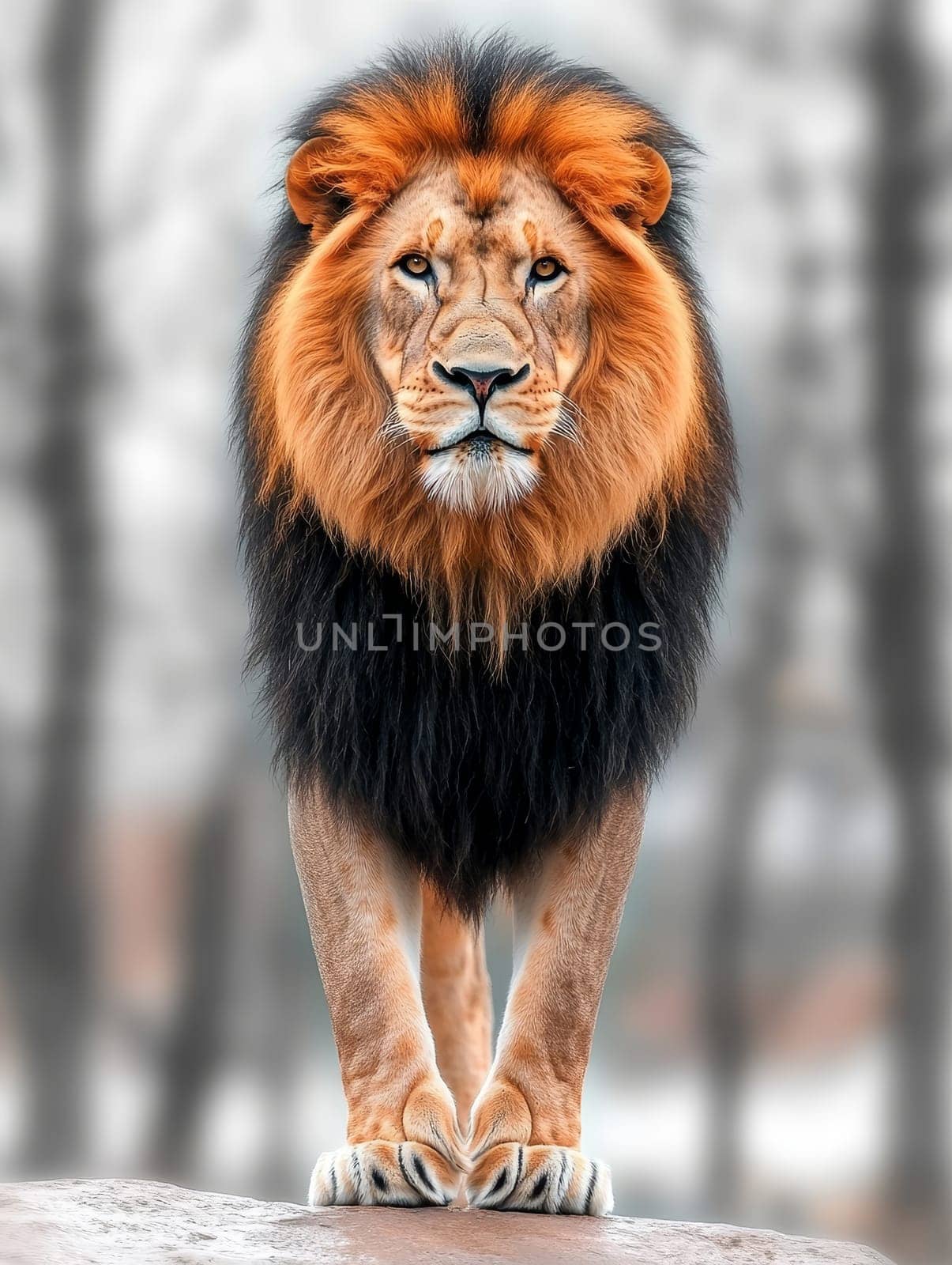 Close-up portrait of a regal male lion with a magnificent mane, intense gaze, and powerful presence against a blurred natural background.