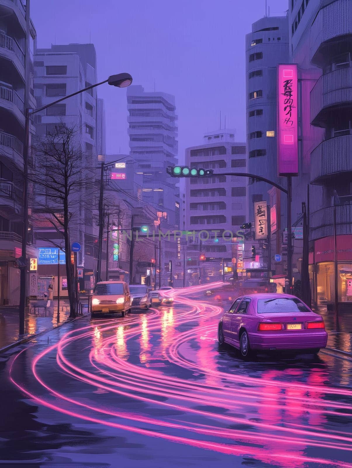 Rainy night cityscape with neon lights reflecting on wet streets, featuring vibrant purple and pink hues in a futuristic urban setting.