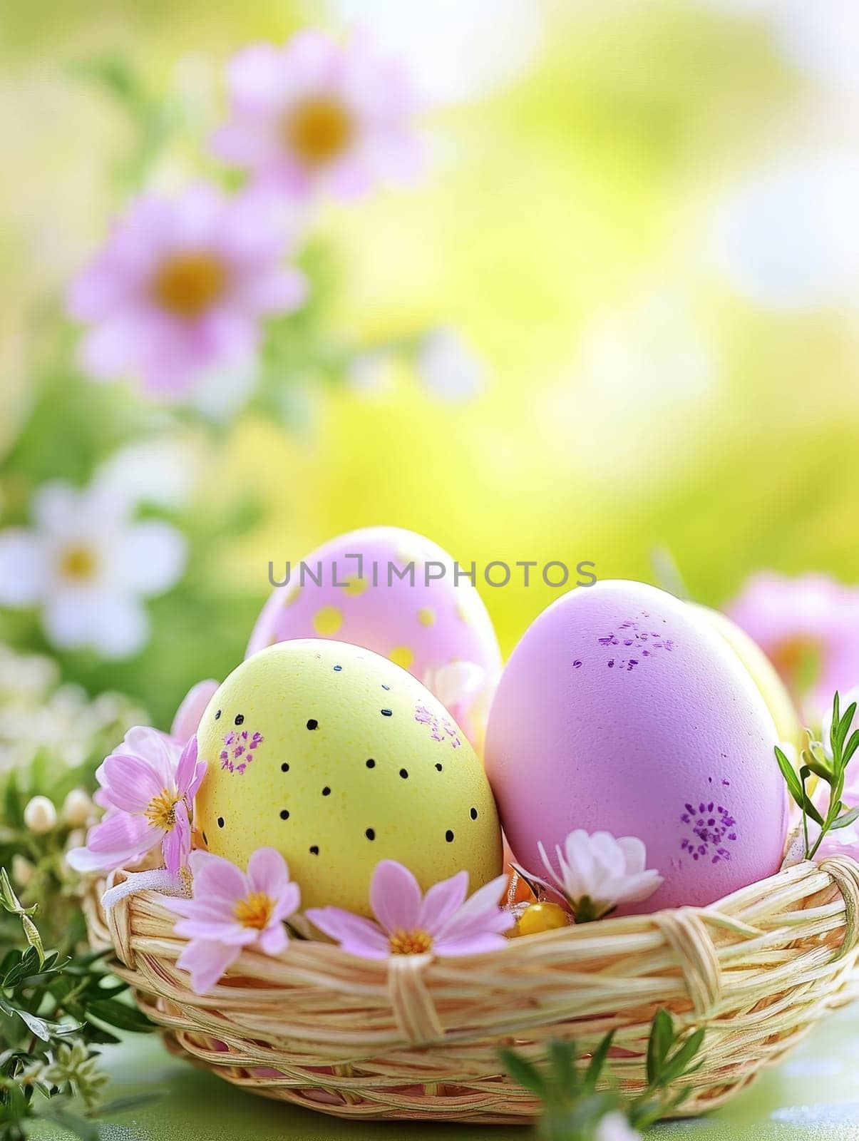 Colorful decorated Easter eggs nestled in a wicker basket surrounded by delicate spring flowers, set against a soft pastel background.