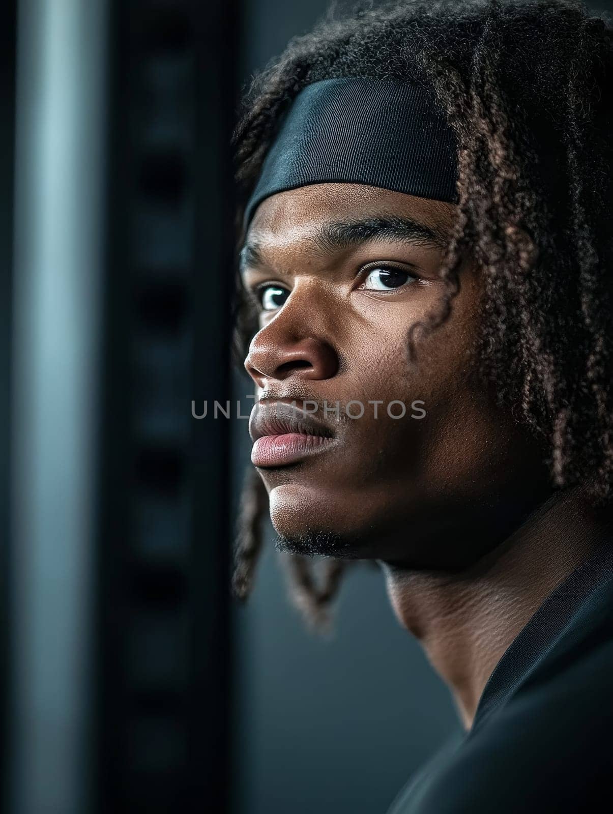 Close-up profile portrait of a young African American man with dreadlocks and a headband, looking thoughtful against a dark background.