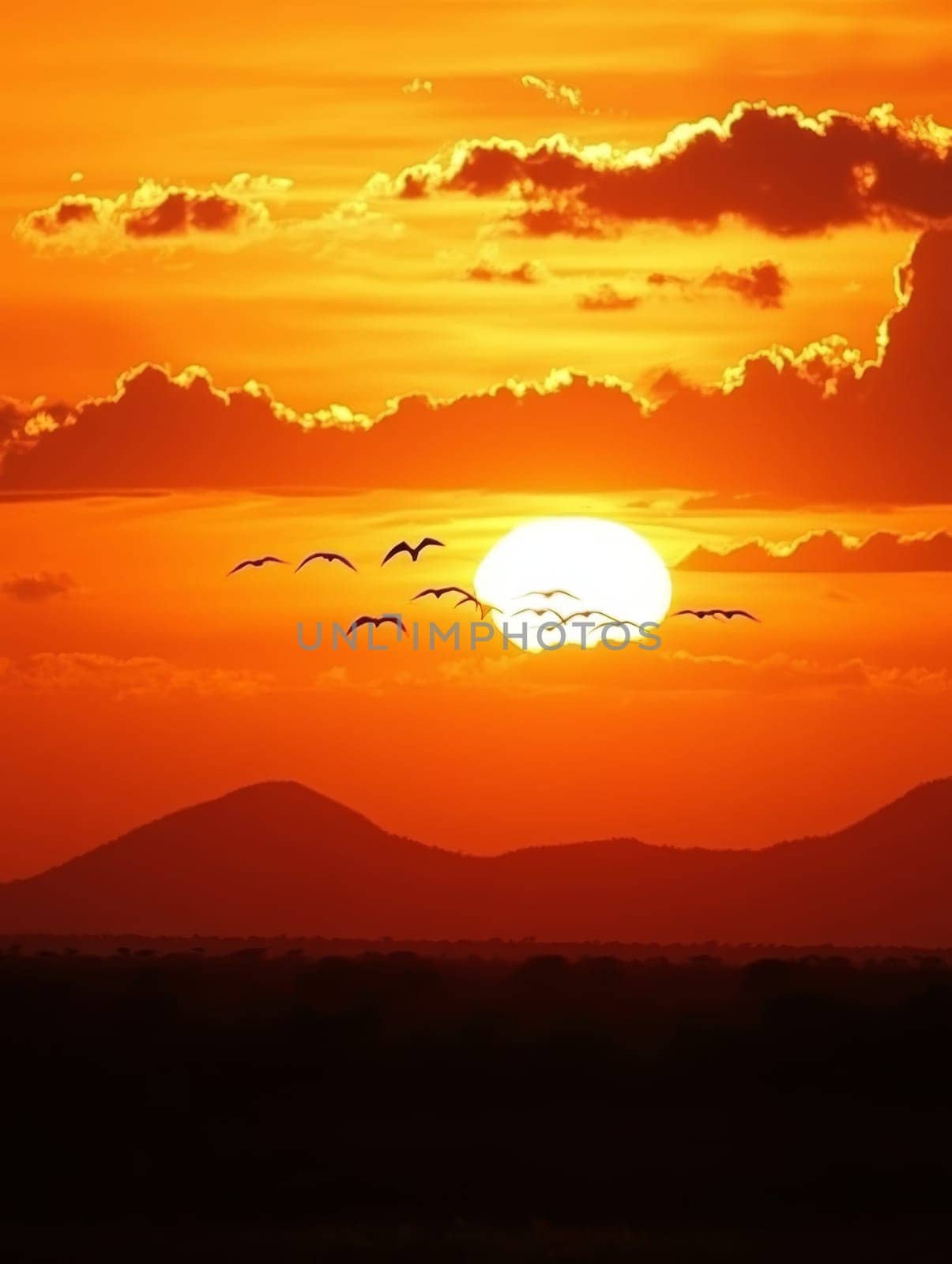 Spectacular orange sunset over silhouetted mountains with a flock of birds flying across the glowing sun, creating a dramatic and serene landscape.