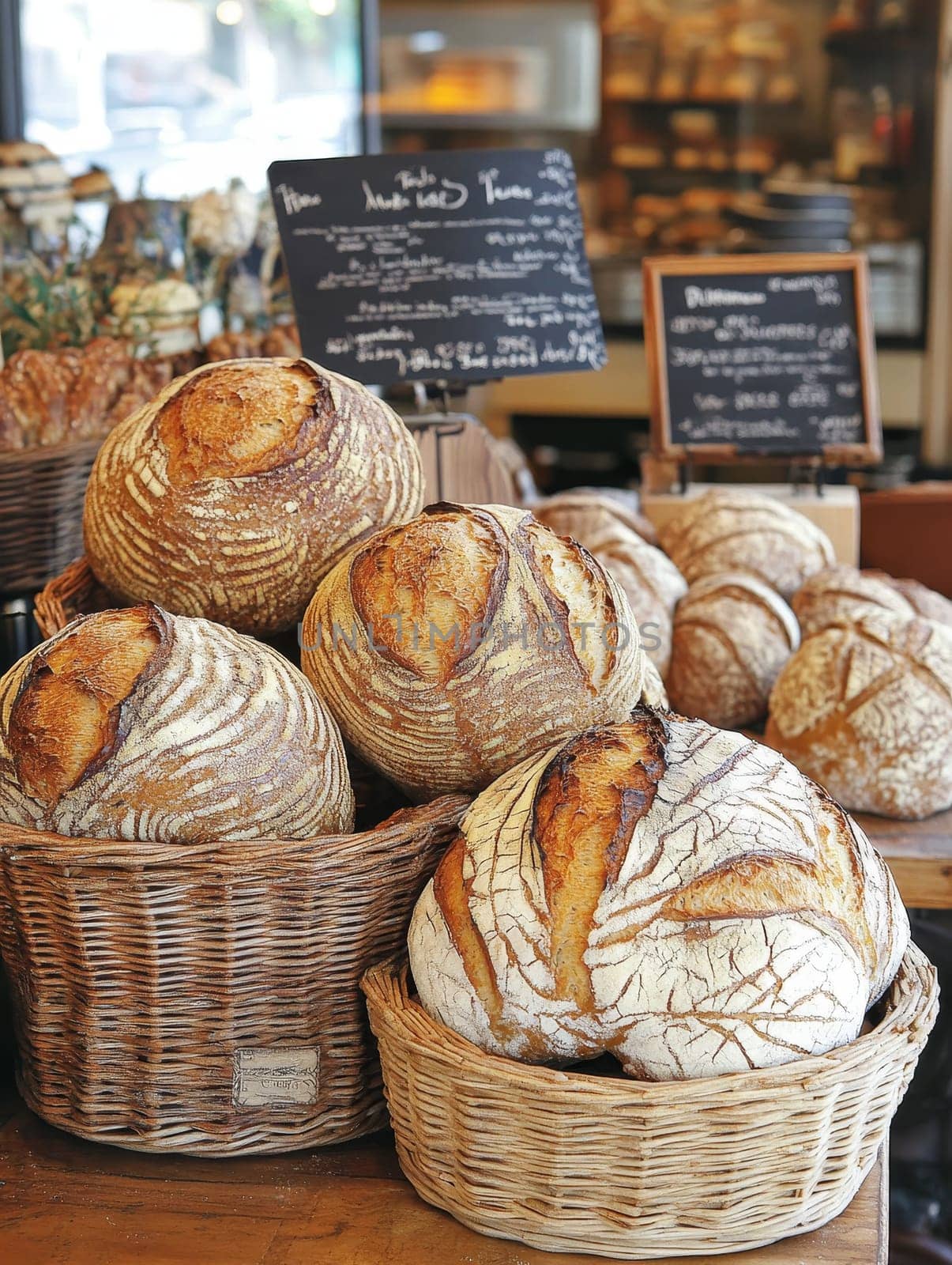 Freshly baked artisanal bread loaves in wicker baskets at a bakery, with handwritten menu boards in the background, showcasing rustic and traditional baking.