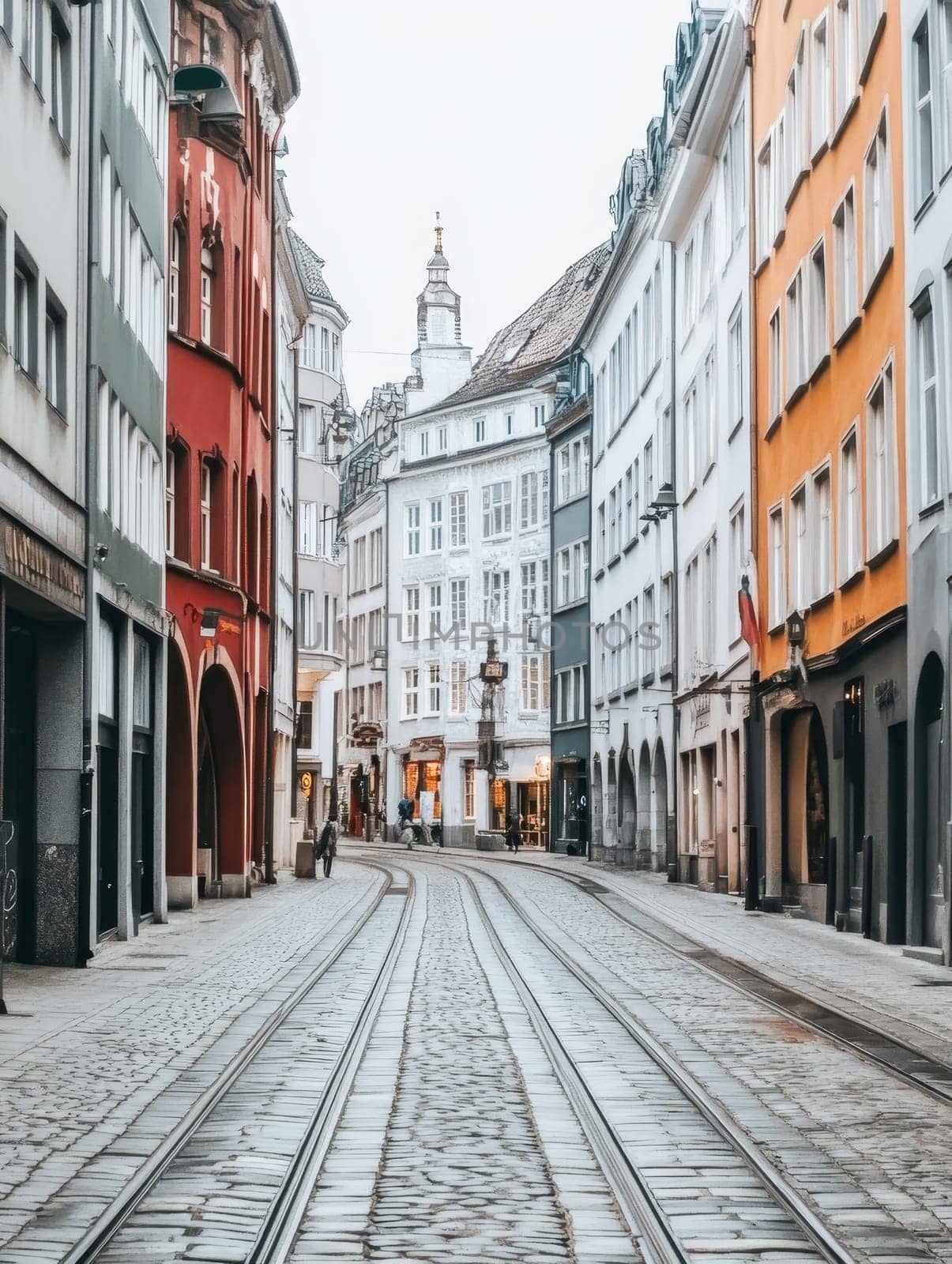 Colorful historic buildings line a narrow cobblestone street with tram tracks, showcasing classic European architecture and urban charm.