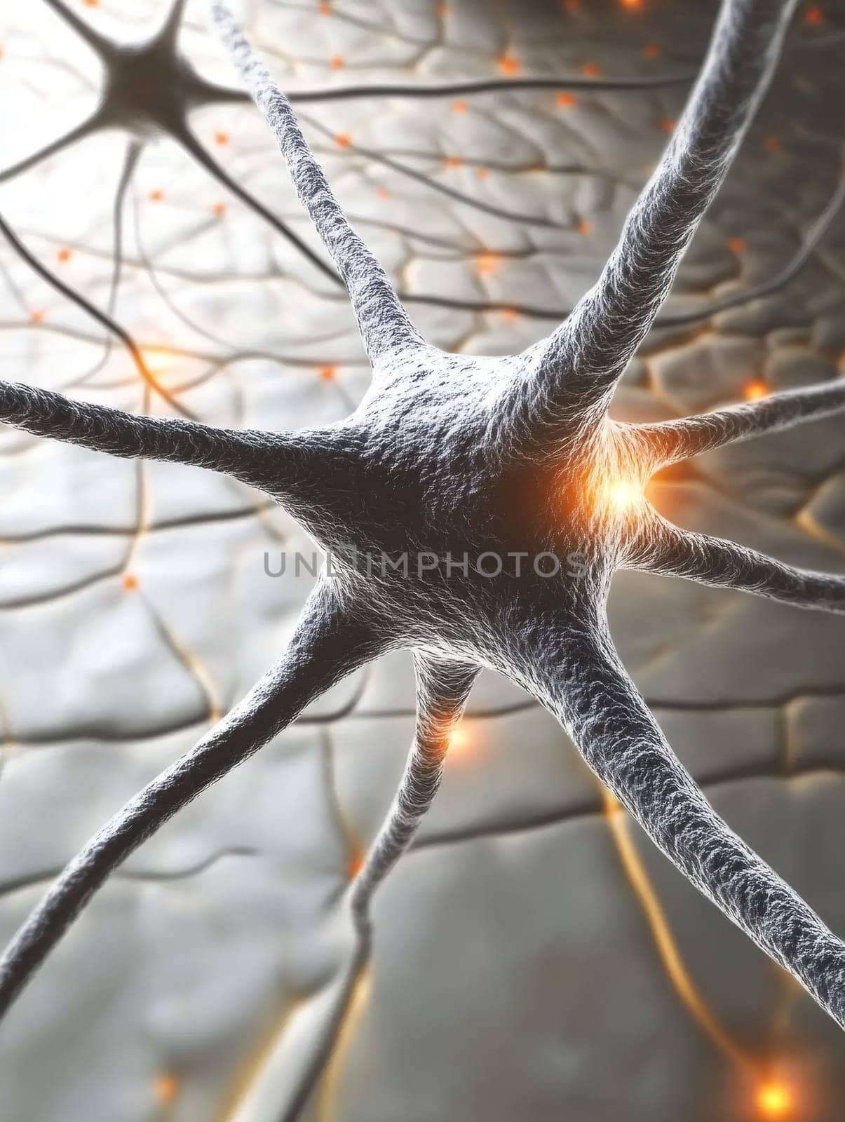Microscopic view of a neuron synapse with glowing electrical impulses, illustrating the complexity of brain function and neural connections.