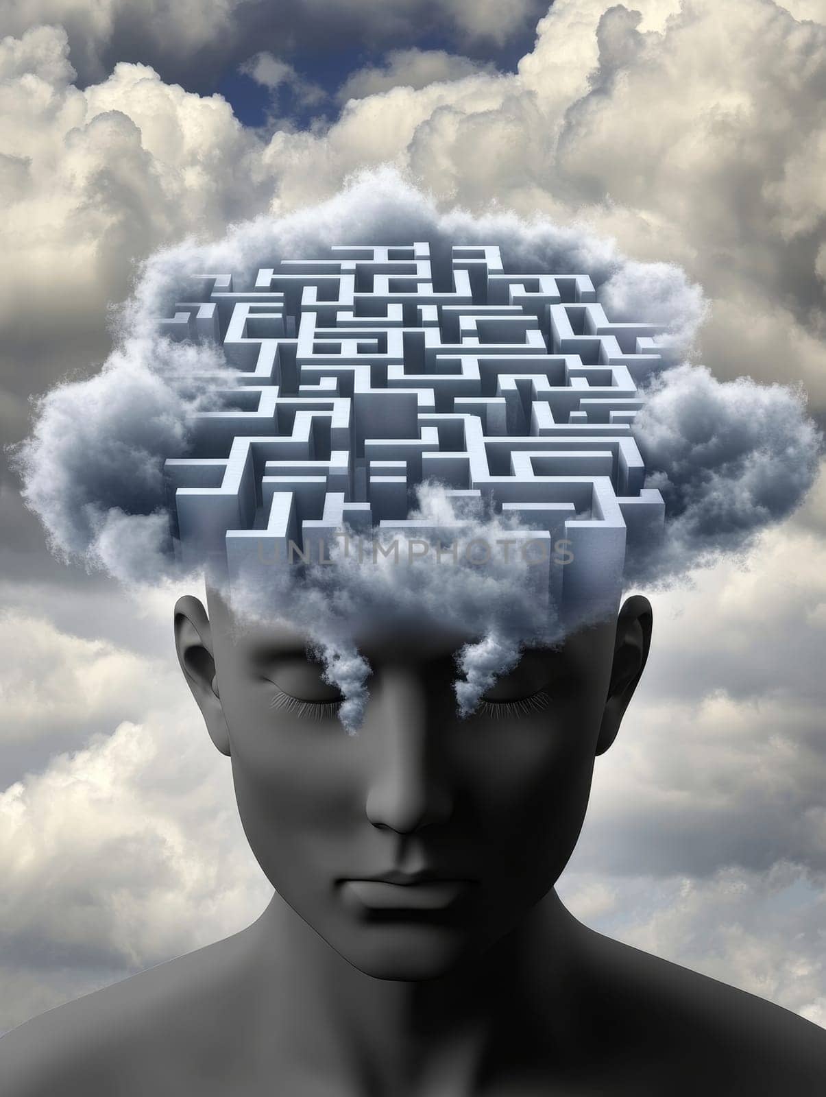 Surreal 3D illustration of a maze emerging from a human head, surrounded by clouds, symbolizing mental complexity and problem-solving challenges.