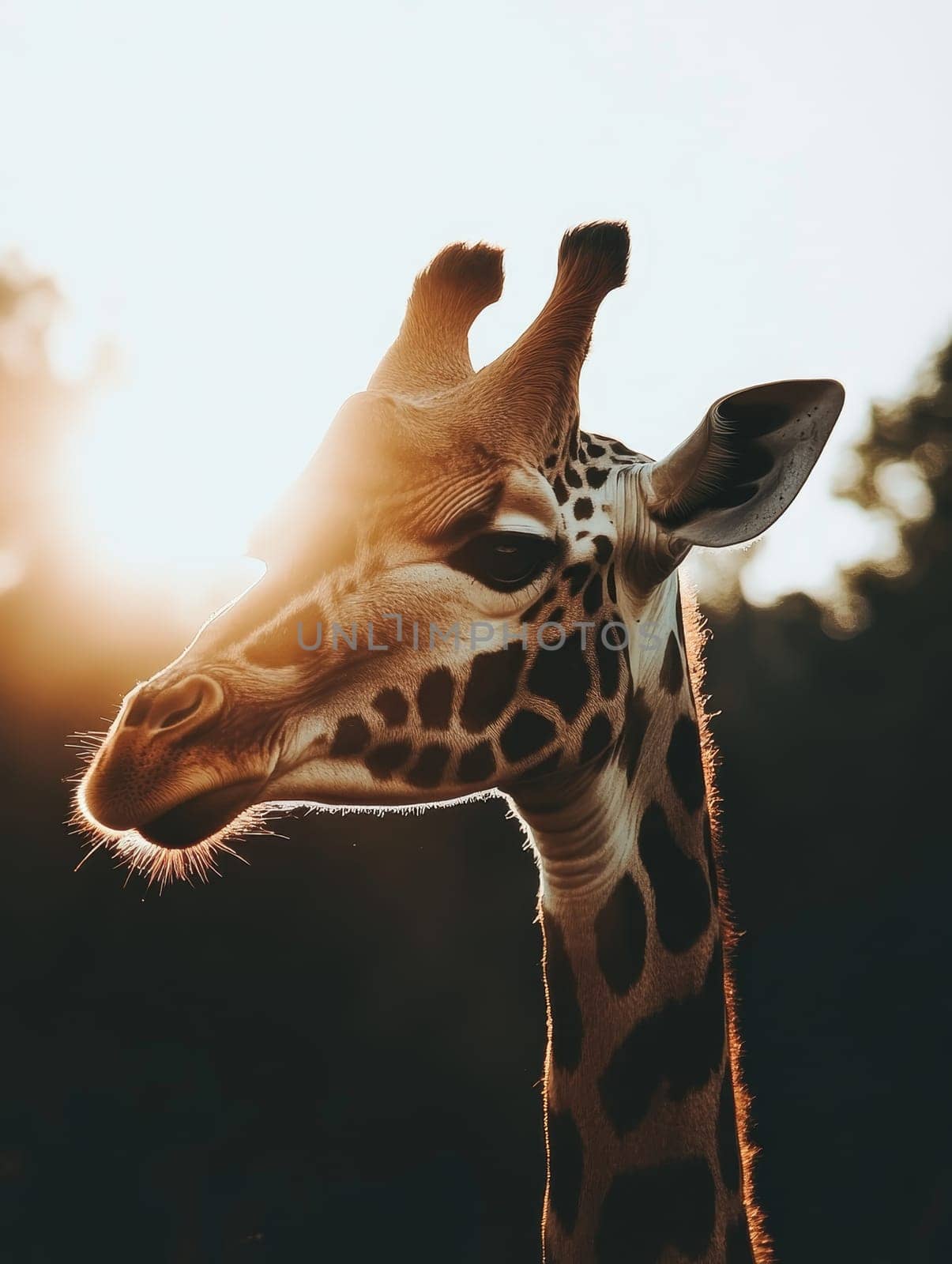 Close-up profile of a giraffe's head and neck backlit by a golden sunset, showcasing the animal's unique features and gentle expression.