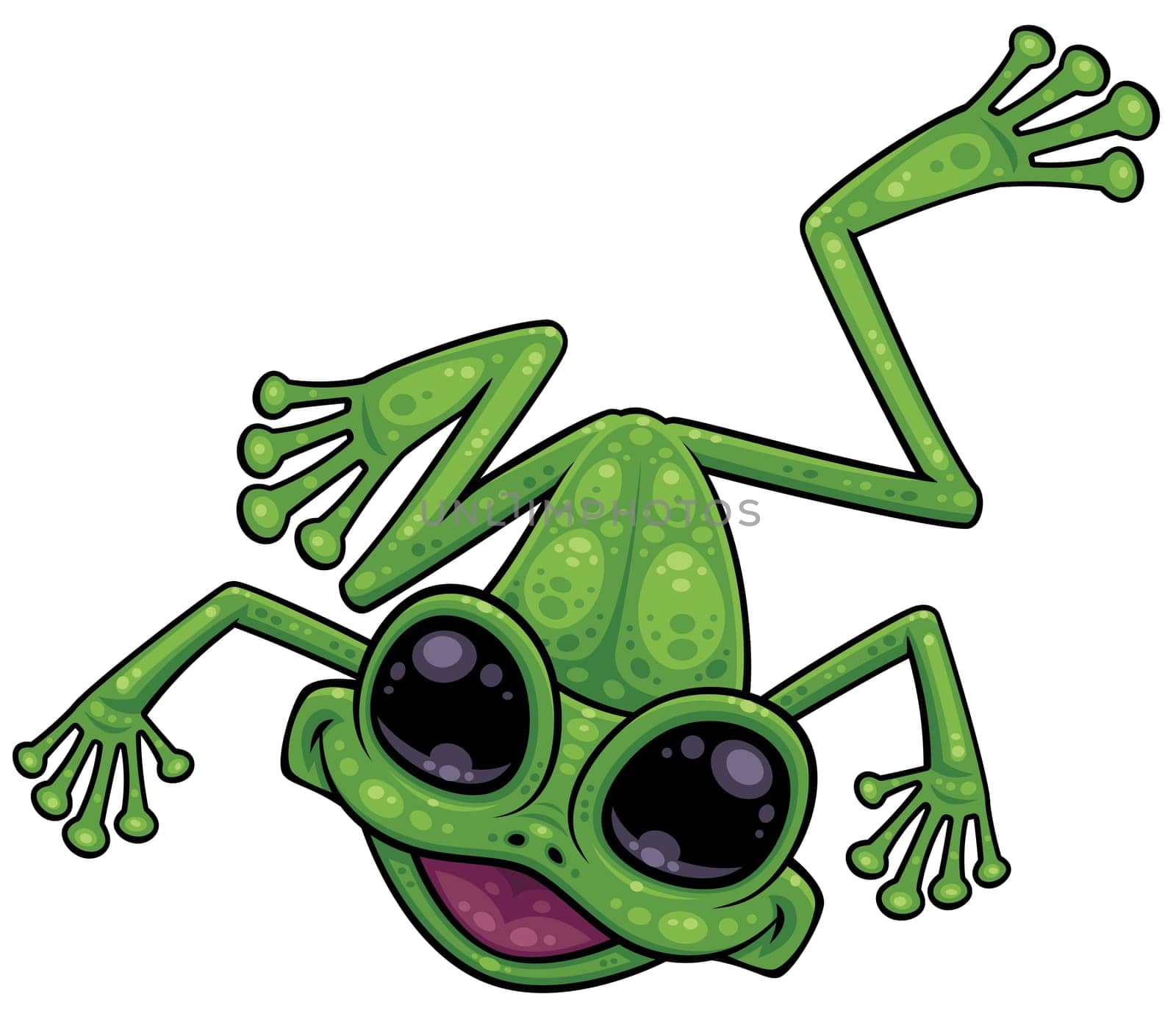 Cartoon illustration of a cute and happy little green tree frog smiling.