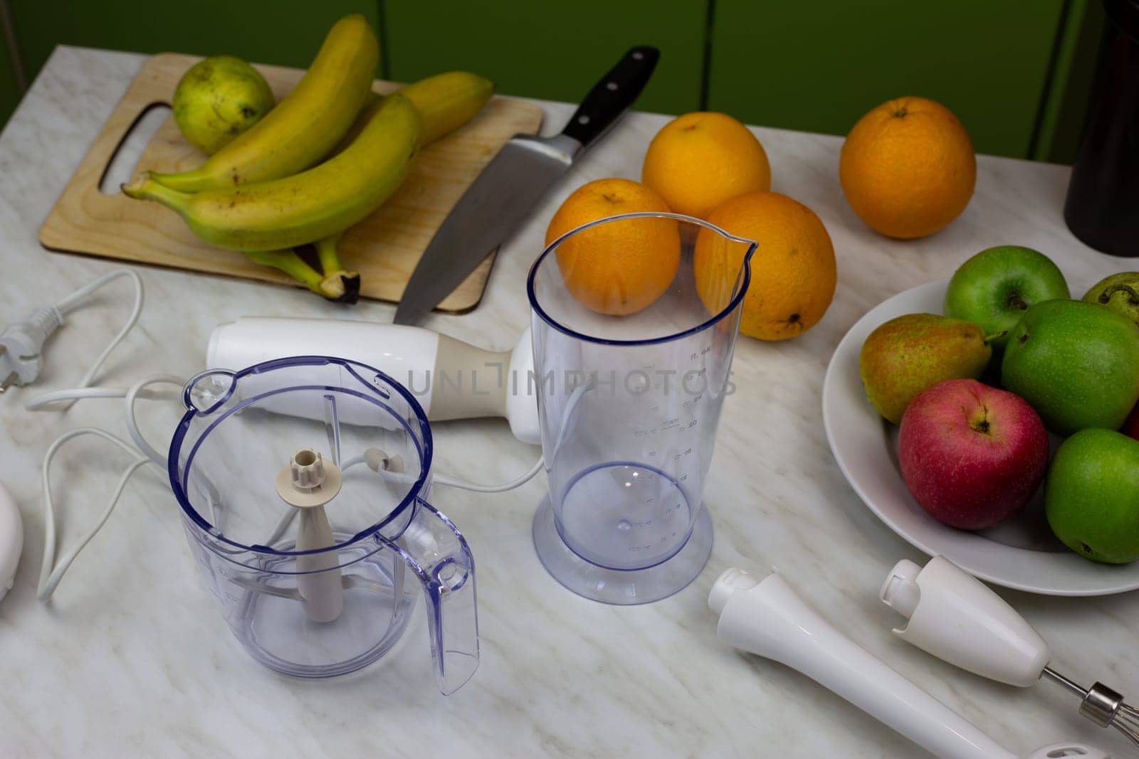 Photo of fruits and blender parts for making sport cocktail. Healthy food from simple ingredients. Smoothies and fruit juice for getting vitamins at home