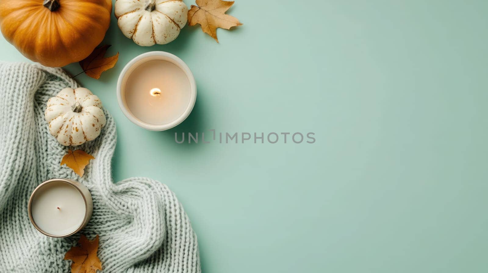 A warm cup of coffee sits beside decorative pumpkins and candles, accented by vibrant autumn leaves, creating a cozy atmosphere perfect for fall.