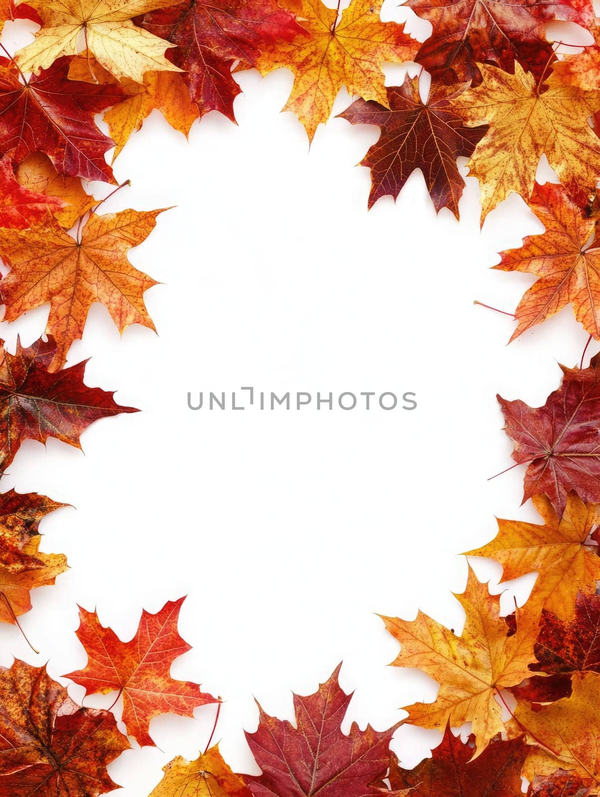 A circular arrangement features various orange and yellow autumn leaves intertwined with bright red berries, creating a festive fall decoration perfect for seasonal displays.