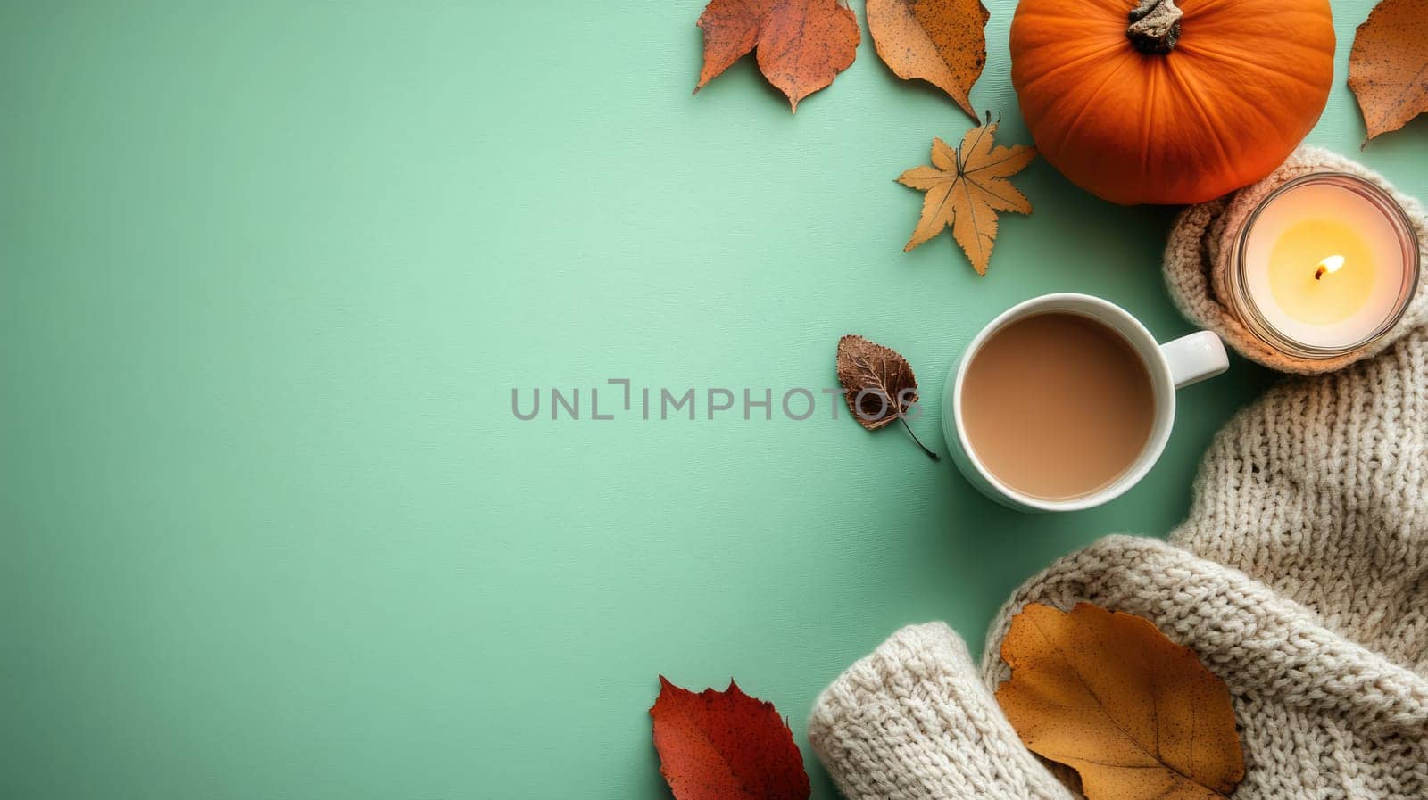 A warm cup of coffee sits beside decorative pumpkins and candles, accented by vibrant autumn leaves, creating a cozy atmosphere perfect for fall.