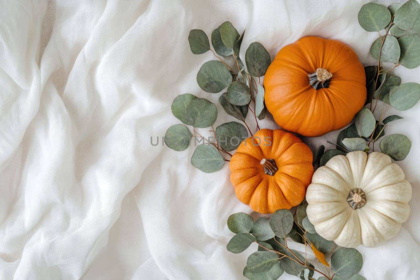 Three vibrant orange pumpkins are artfully arranged alongside eucalyptus leaves on a soft, white fabric, creating a cozy autumn atmosphere perfect for seasonal decor.