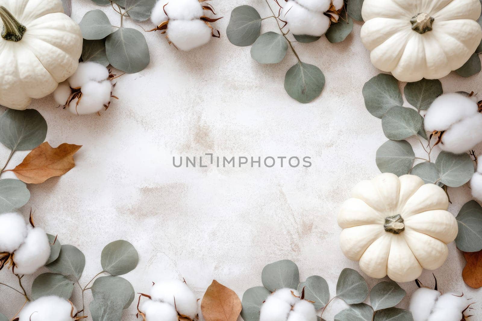 A collection of white pumpkins alongside cotton bolls and green leaves create a serene autumn display on a pastel background, ideal for seasonal decor inspirations.