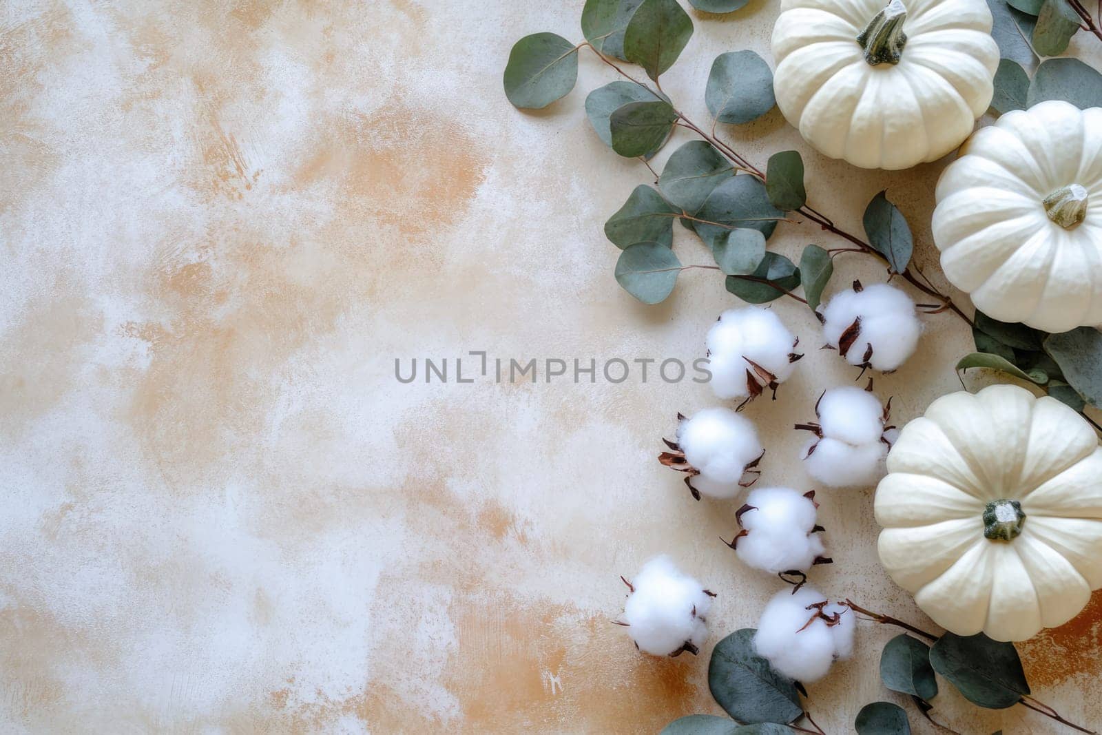 A collection of white pumpkins alongside cotton bolls and green leaves create a serene autumn display on a pastel background, ideal for seasonal decor inspirations.