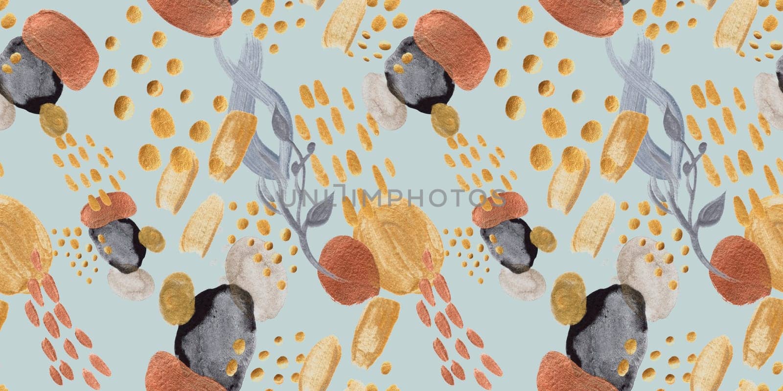 Seamless abstract pattern with gouache painted geometric shapes ovals and dots for textile design and autumn prints