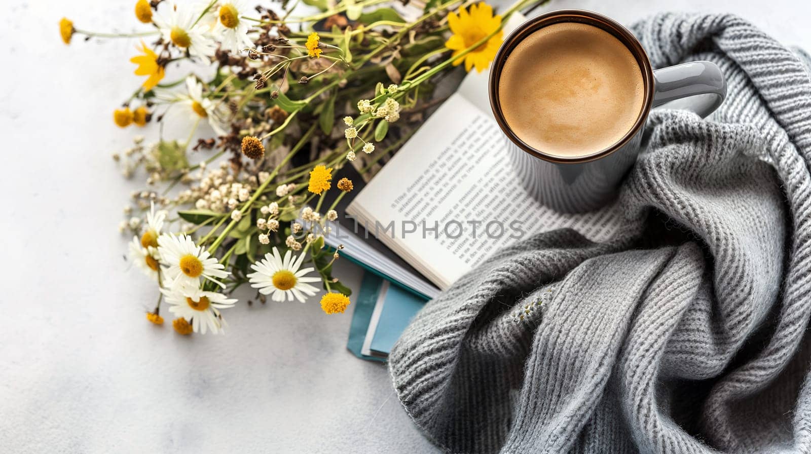 Hot coffee in a mug on a blanket lies beside an open book and a bouquet of wildflowers on a cozy autumn morning. The scene evokes relaxation and comfort - Generative AI