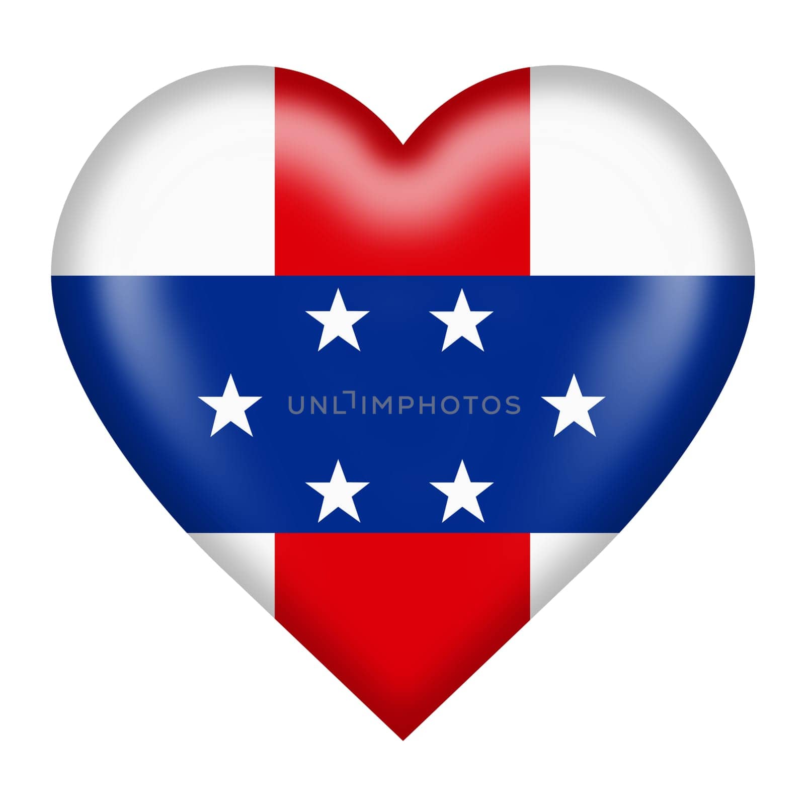A Netherlands Antilles flag heart button isolated on white with clipping path 3d illustration blue red stripe white stars