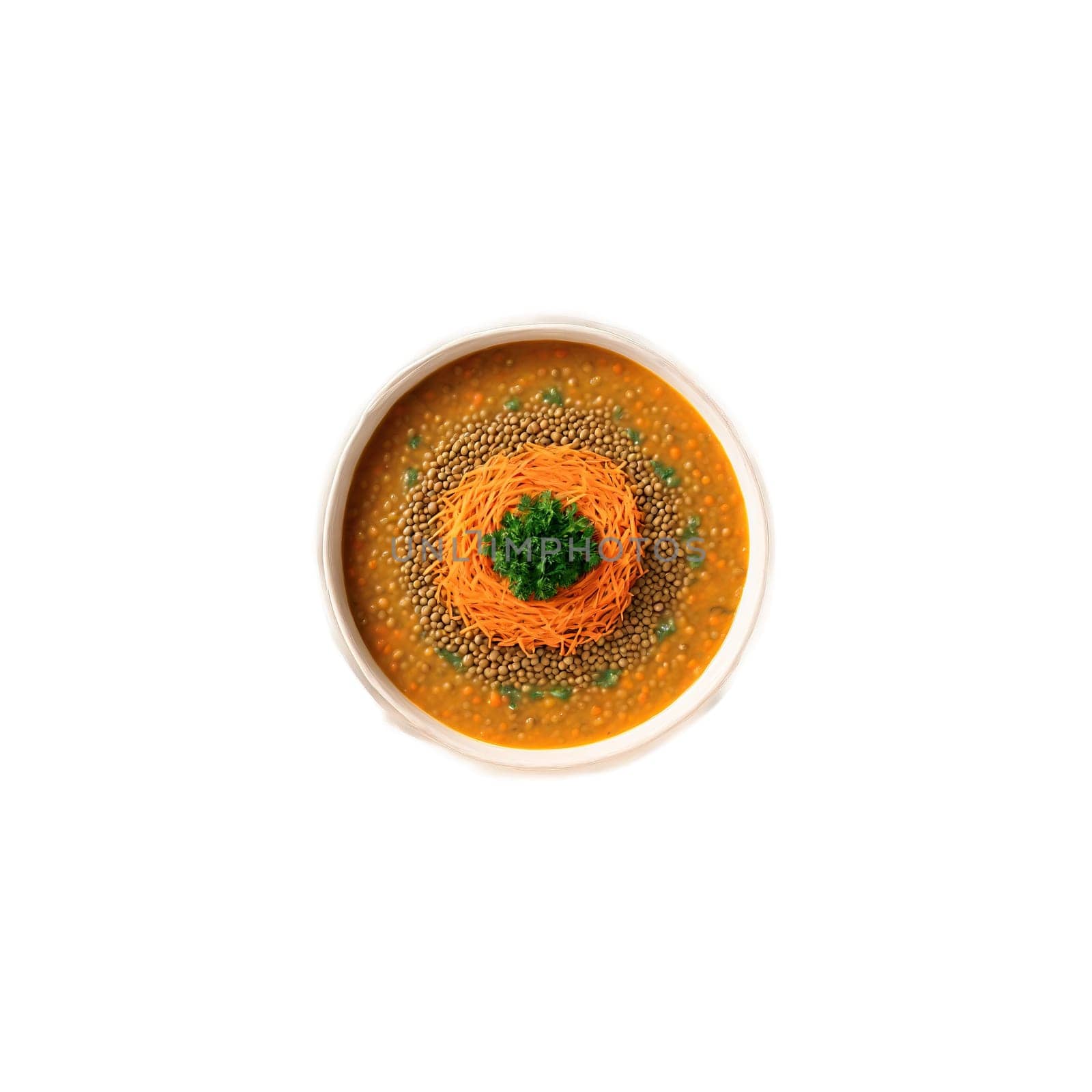 Lentil soup mandala a comforting arrangement of lentil soup with carrots and celery floating. Food isolated on transparent background.