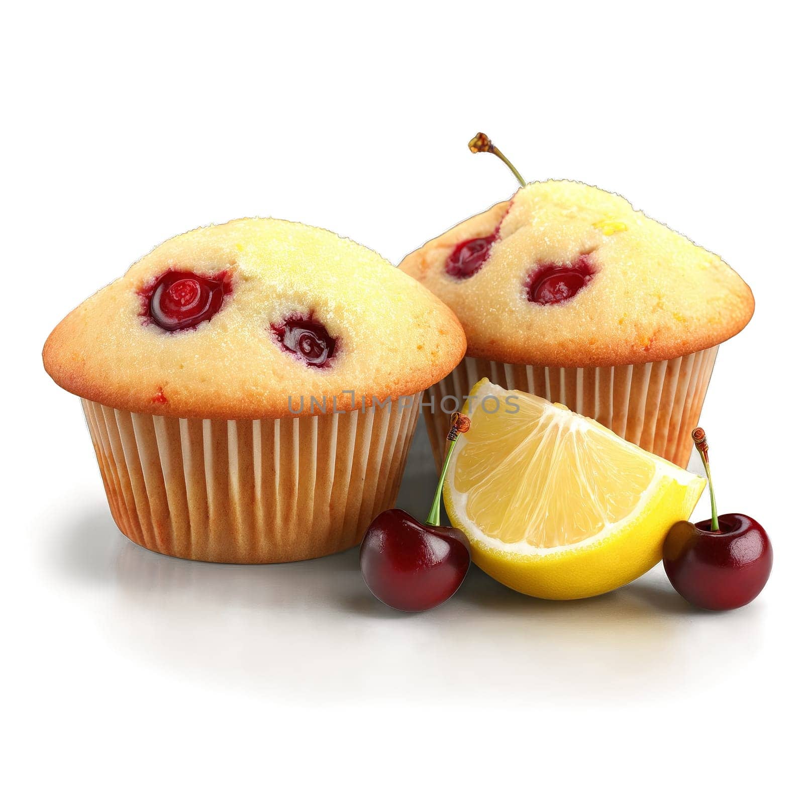 Cherry lemon muffins golden domed tops cherry halves and lemon zest flecks Food and Culinary. Food isolated on transparent background.