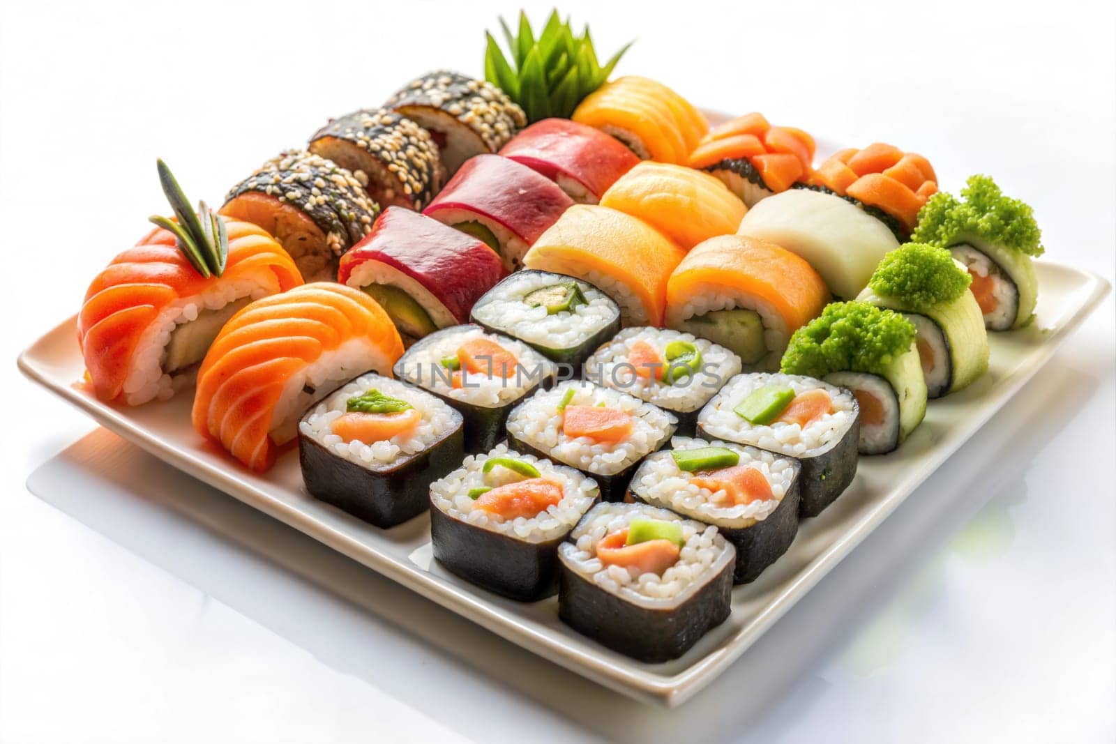 Japanese food restaurant sushi set, maki roll, sushi salmon, tuna plate or platter set isolated on white background. Ai generated image